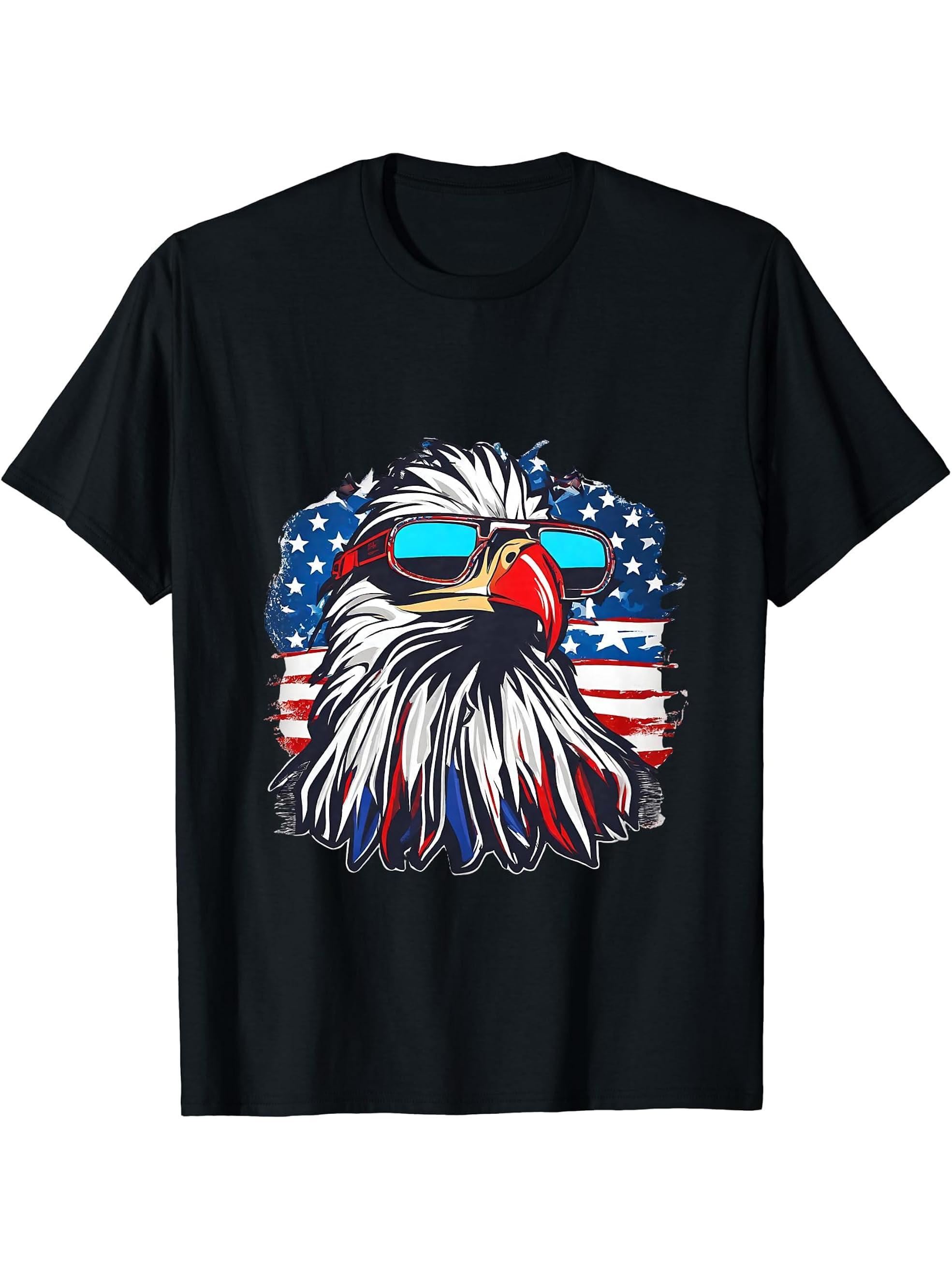 4th of July Merica USA Flag Bald Eagle Patriotic Veteran T-Shirt 180G 100% Cotton Printed Round Neck Short-Sleeve T-Shirt, Gifts for Men Dad Husband Grandpa, S-XXXL, Black