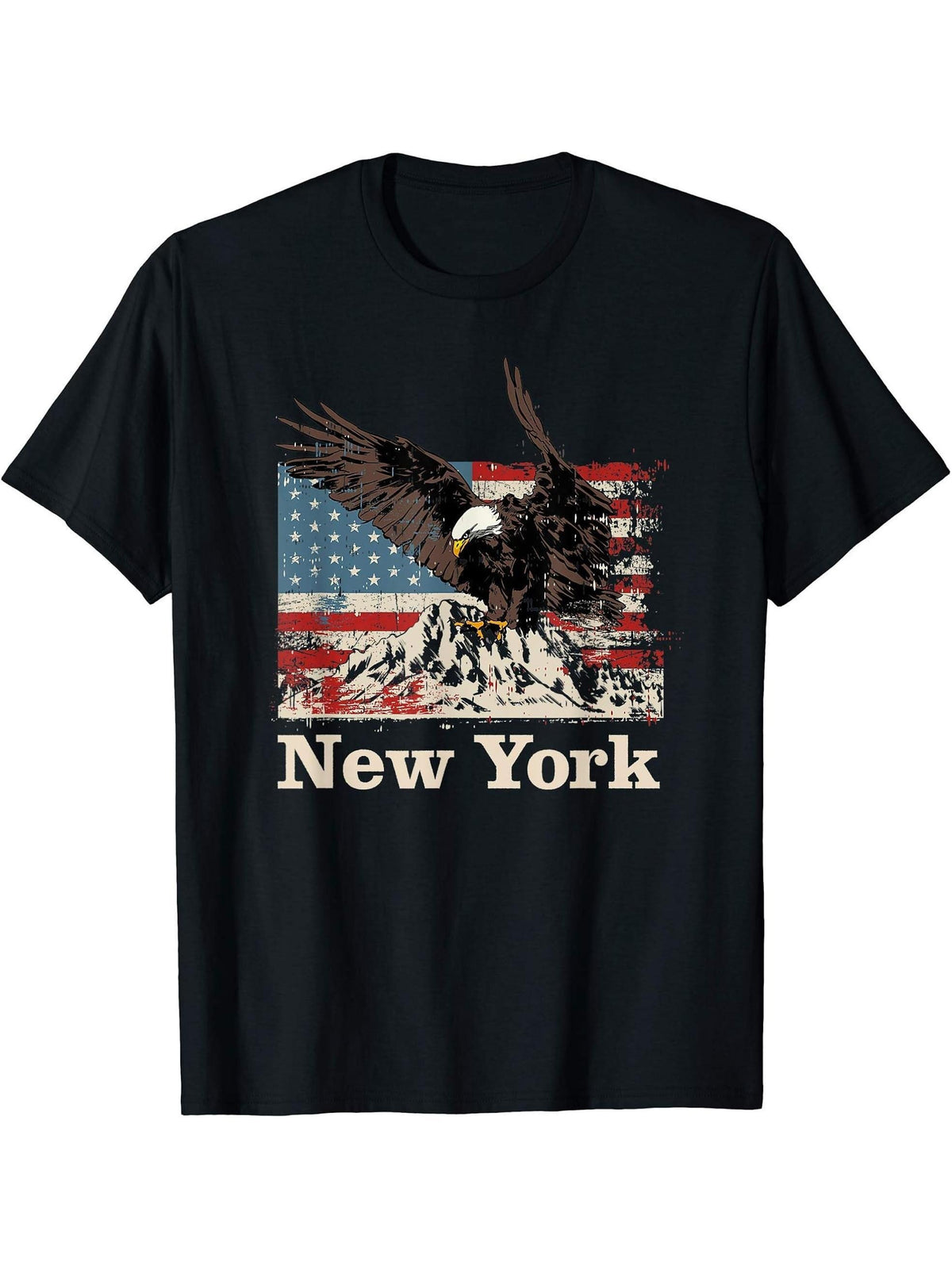 American Bald Eagle Flag New York Souvenir T-Shirt 180G 100% Cotton Printed Round Neck Short-Sleeve T-Shirt, Gifts for Men Dad Husband Grandpa, S-XXXL, Black