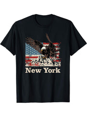 American Bald Eagle Flag New York Souvenir T-Shirt 180G 100% Cotton Printed Round Neck Short-Sleeve T-Shirt, Gifts for Men Dad Husband Grandpa, S-XXXL, Black