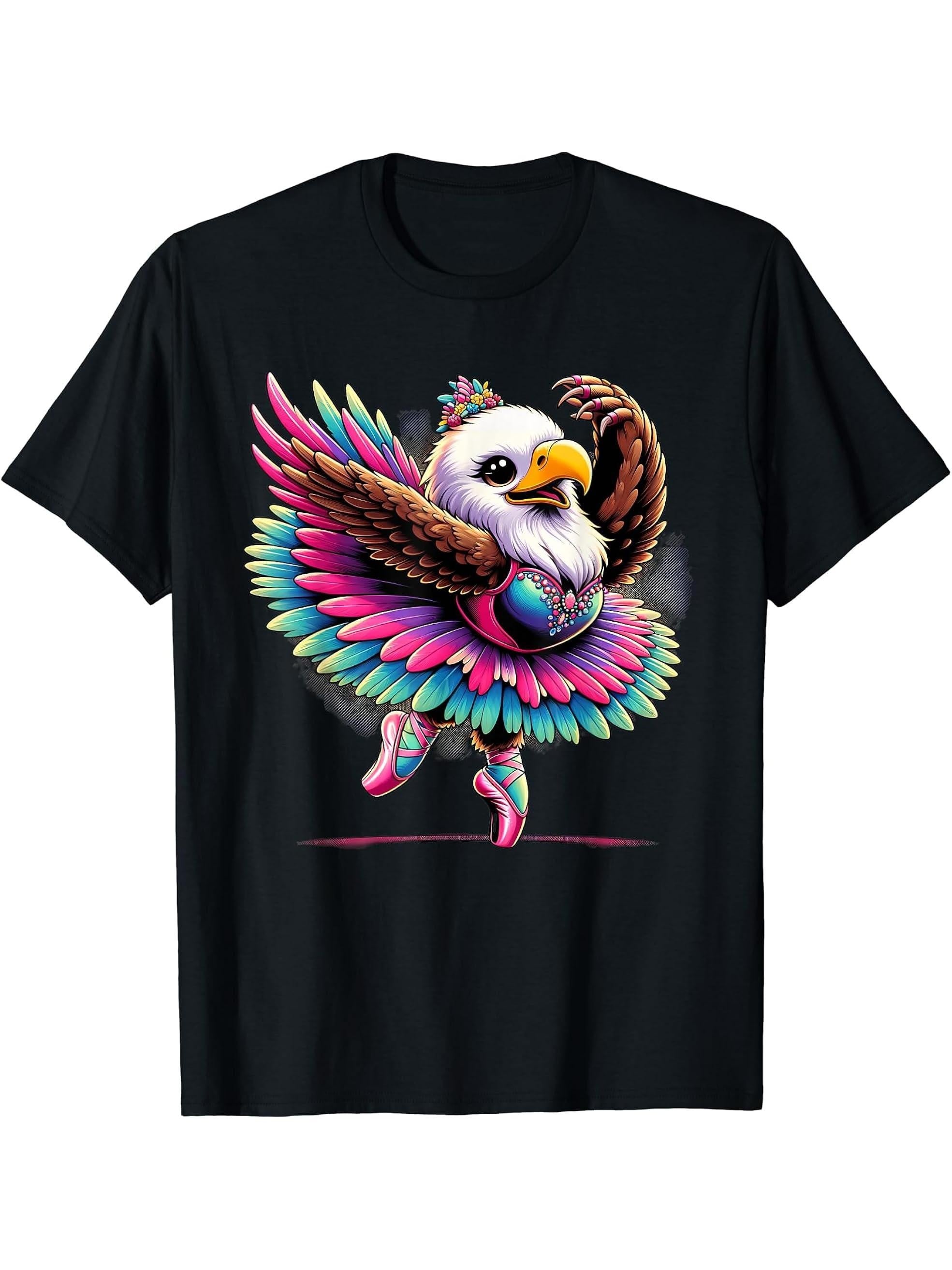 Ballerina Bald Eagle Dancing T-Shirt 180G 100% Cotton Printed Round Neck Short-Sleeve T-Shirt, Gifts for Men Dad Husband Grandpa, S-XXXL, Black