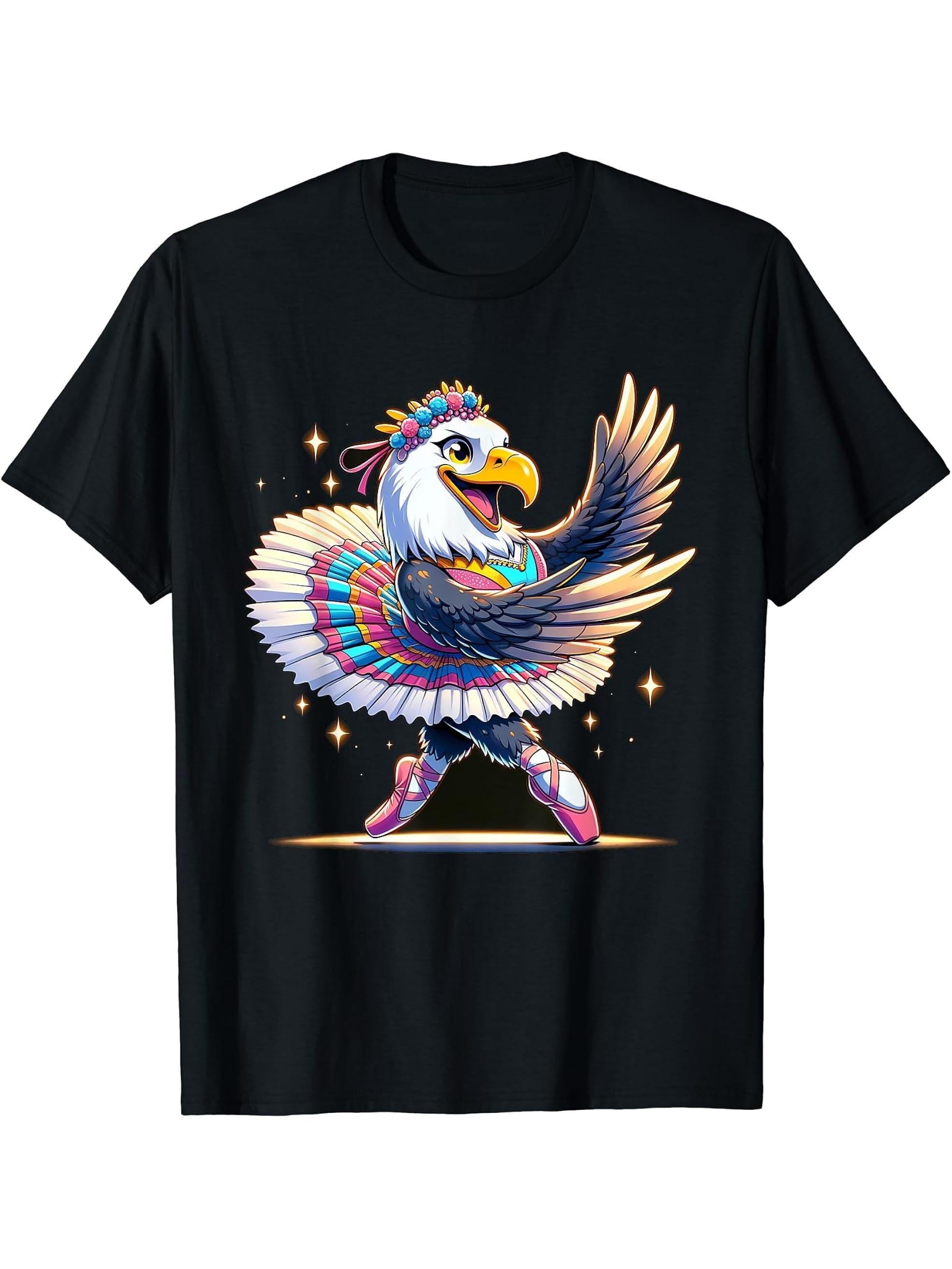 Ballerina Bald Eagle Dancing T-Shirt 180G 100% Cotton Printed Round Neck Short-Sleeve T-Shirt, Gifts for Men Dad Husband Grandpa, S-XXXL, Black