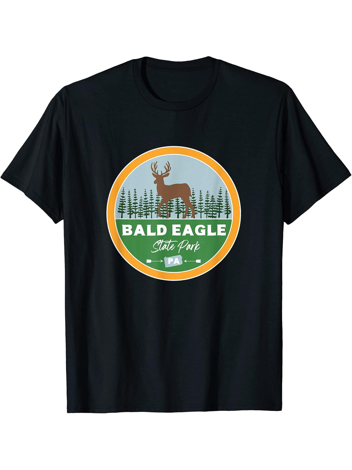 Bald Eagle State Park Pennsylvania PA Outdoors Deer T-Shirt 180G 100% Cotton Printed Round Neck Short-Sleeve T-Shirt, Gifts for Men Dad Husband Grandpa, S-XXXL, Black