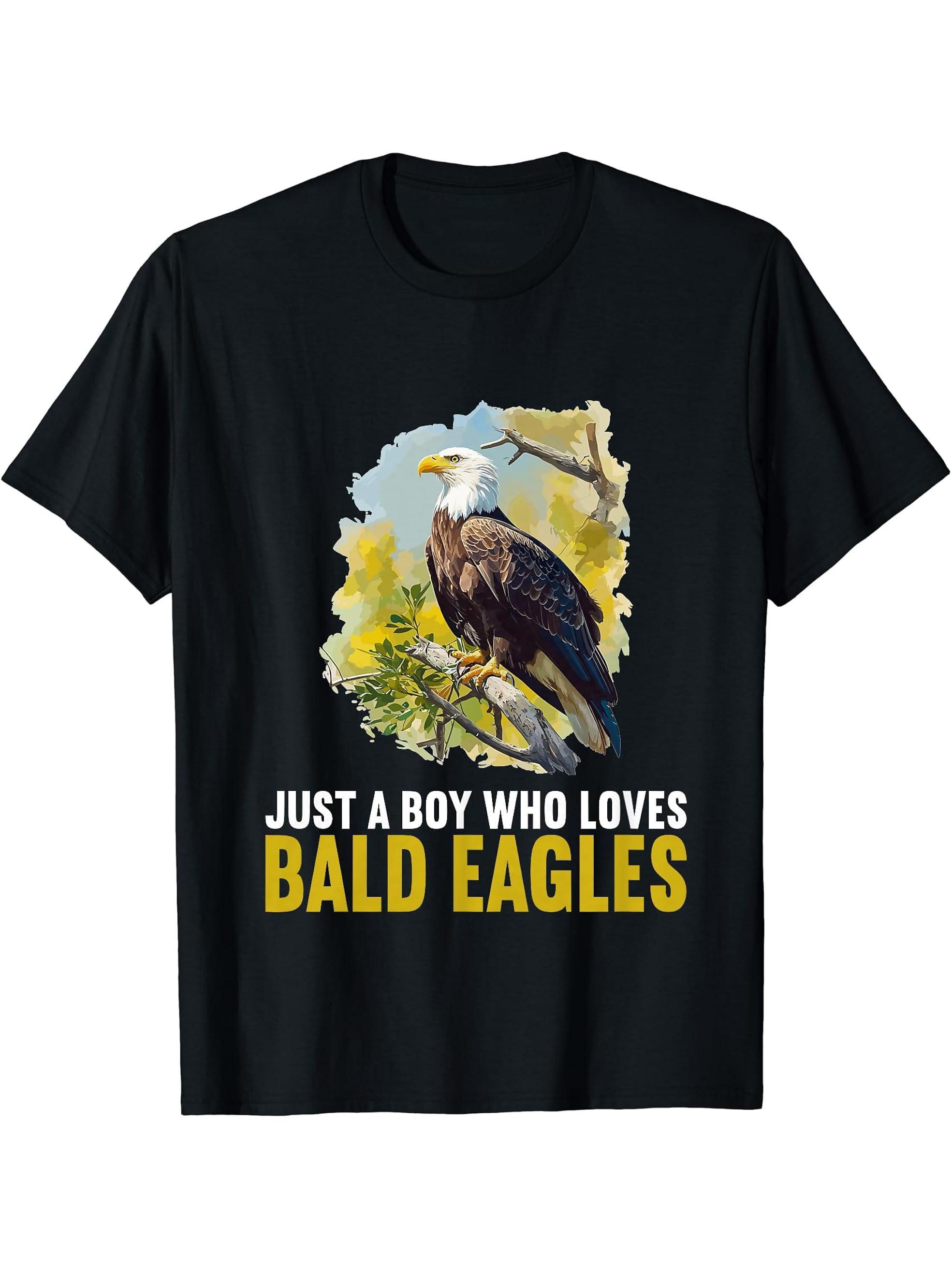 Just a Boy who loves Bald Eagles Bald Eagle T-Shirt 180G 100% Cotton Printed Round Neck Short-Sleeve T-Shirt, Gifts for Men Dad Husband Grandpa, S-XXXL, Black