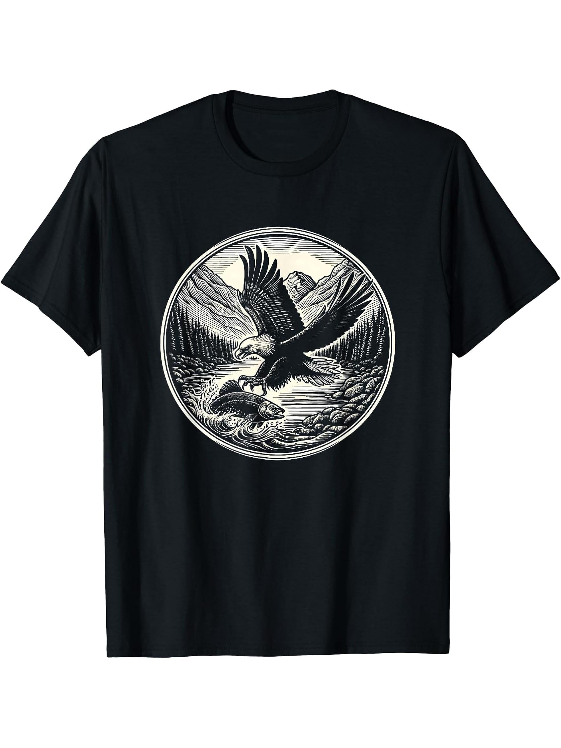 Bald Eagle And Fish Mountain Forest Graphic Art Design T-Shirt 180G 100% Cotton Printed Round Neck Short-Sleeve T-Shirt, Gifts for Men Dad Husband Grandpa, S-XXXL, Black