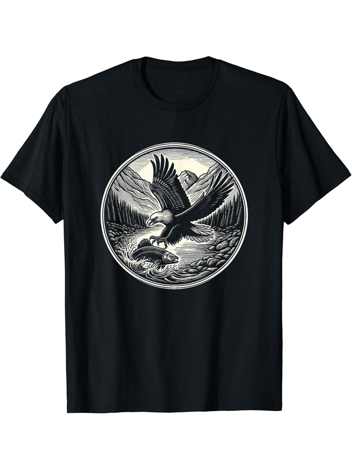 Bald Eagle And Fish Mountain Forest Graphic Art Design T-Shirt 180G 100% Cotton Printed Round Neck Short-Sleeve T-Shirt, Gifts for Men Dad Husband Grandpa, S-XXXL, Black