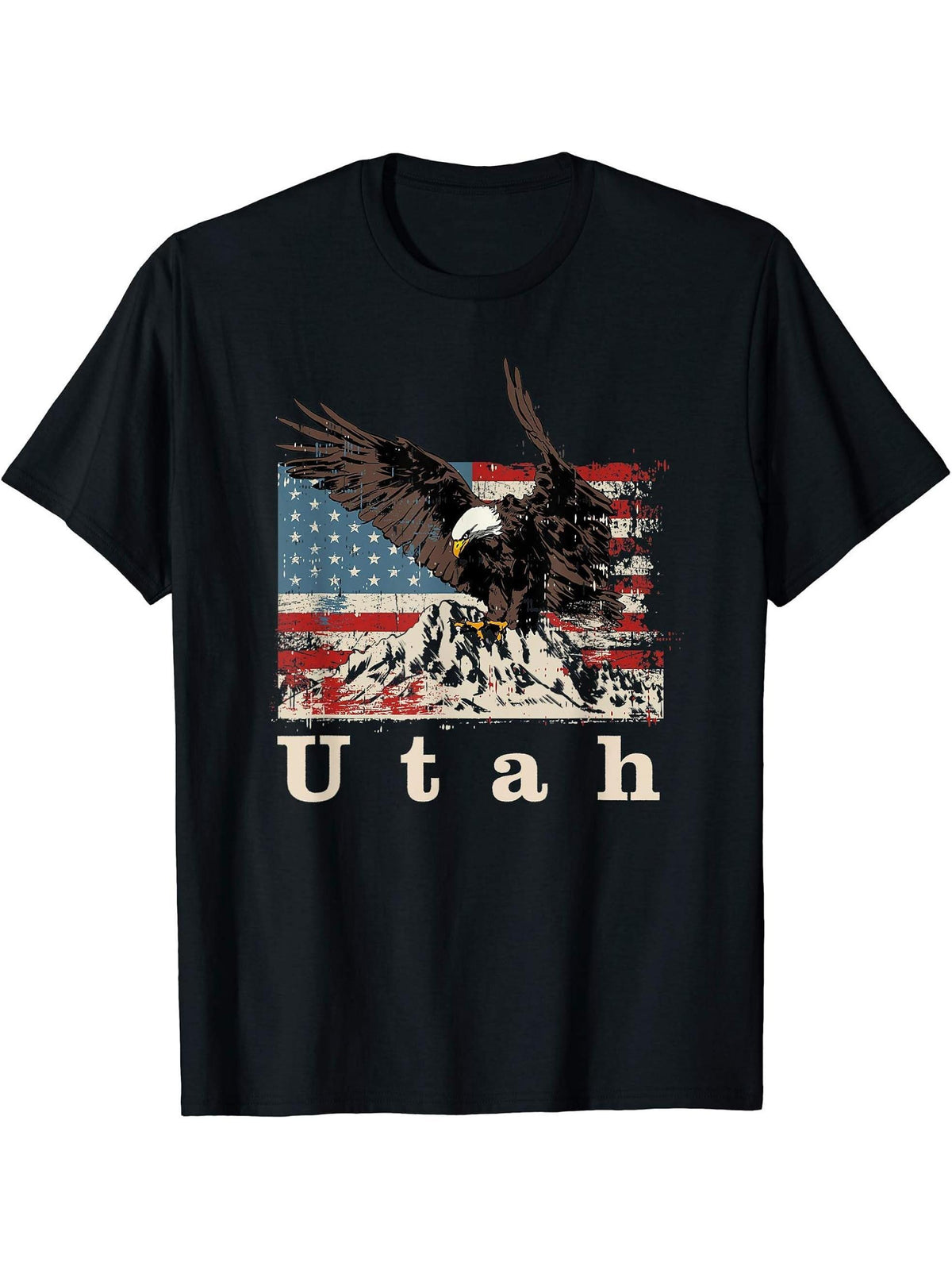 American Bald Eagle Flag Utah Souvenir T-Shirt 180G 100% Cotton Printed Round Neck Short-Sleeve T-Shirt, Gifts for Men Dad Husband Grandpa, S-XXXL, Black