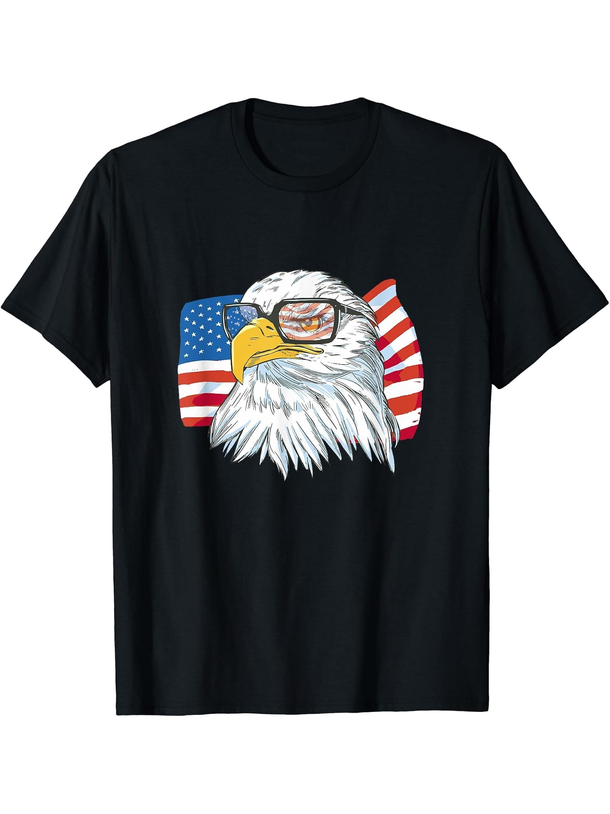 Bald Eagle with USA Glasses - Patriotic America 4th July T-Shirt 180G 100% Cotton Printed Round Neck Short-Sleeve T-Shirt, Gifts for Men Dad Husband Grandpa, S-XXXL, Black
