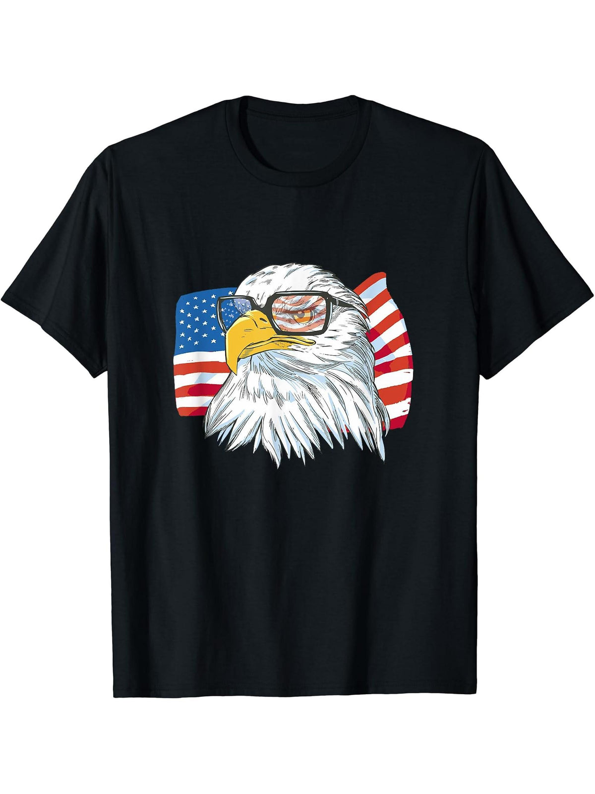 Bald Eagle with USA Glasses - Patriotic America 4th July T-Shirt 180G 100% Cotton Printed Round Neck Short-Sleeve T-Shirt, Gifts for Men Dad Husband Grandpa, S-XXXL, Black