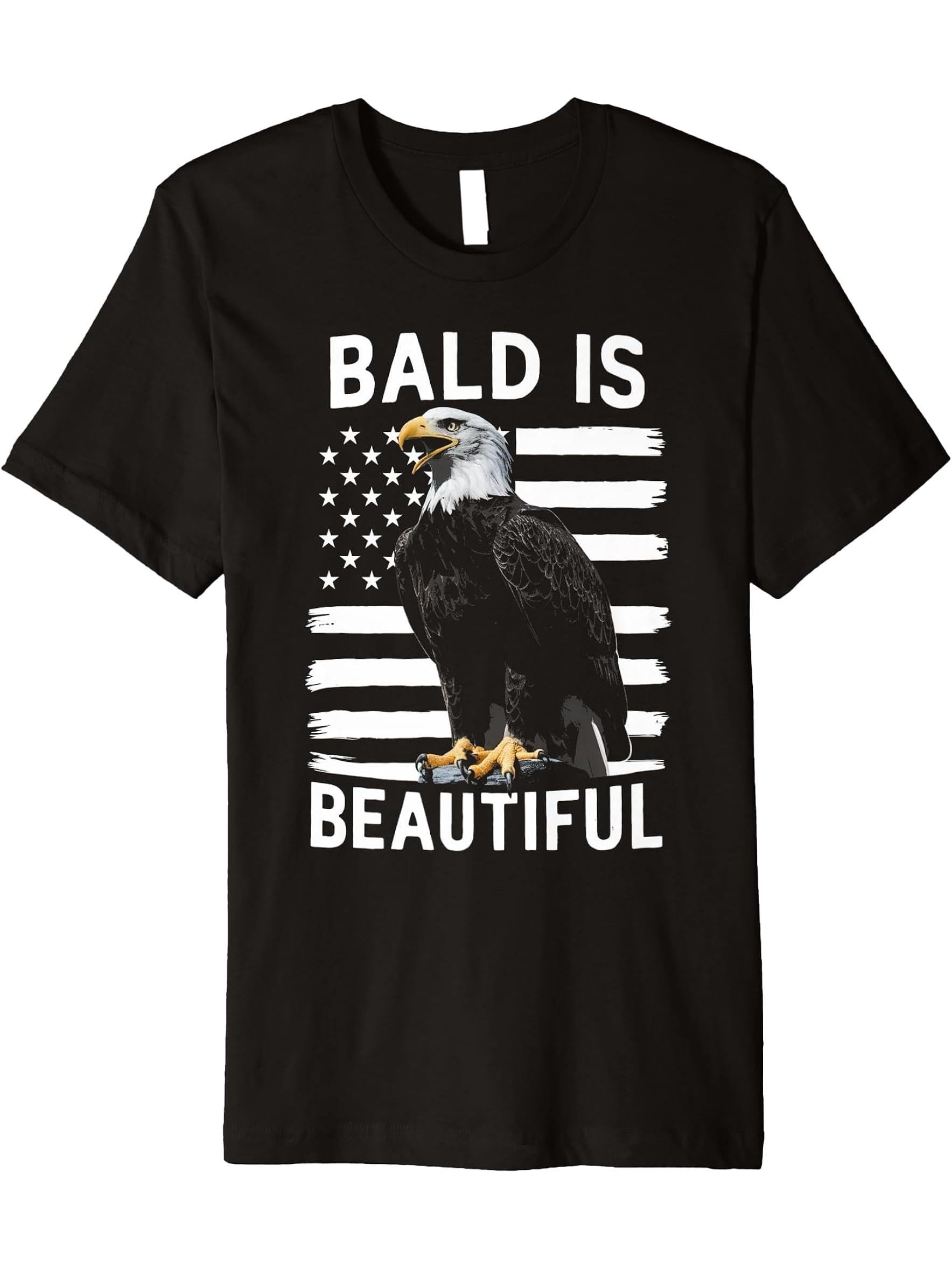 Bald Is Beautiful 4th of July Bald Eagle Patriotic Vintage Premium T-Shirt 180G 100% Cotton Printed Round Neck Short-Sleeve T-Shirt, Gifts for Men Dad Husband Grandpa, S-XXXL, Black