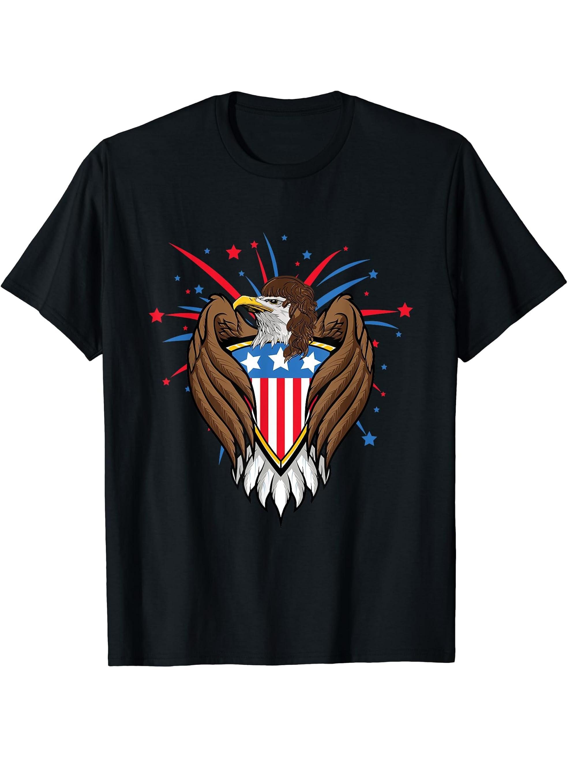American Bald Eagle Curly Mullet Funny 4th Of July T-Shirt 180G 100% Cotton Printed Round Neck Short-Sleeve T-Shirt, Gifts for Men Dad Husband Grandpa, S-XXXL, Black