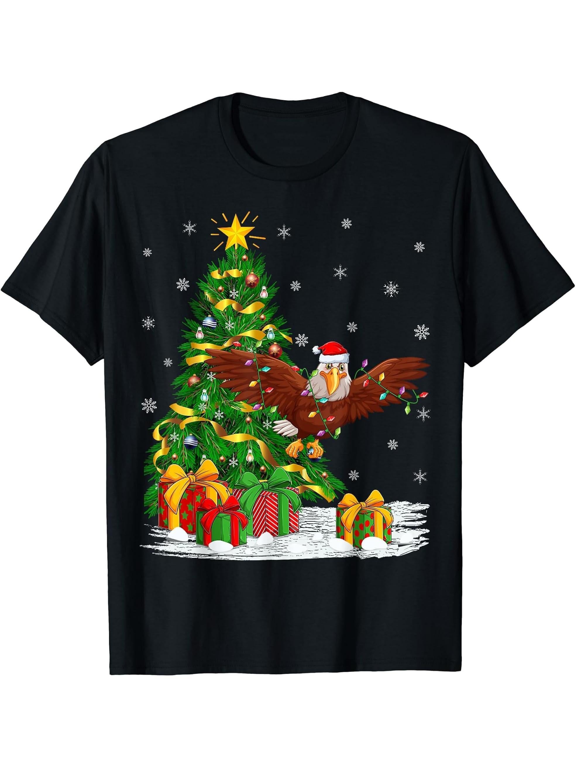 Eagle Bird Lover Family Matching Santa Bald Eagle Christmas T-Shirt 180G 100% Cotton Printed Round Neck Short-Sleeve T-Shirt, Gifts for Men Dad Husband Grandpa, S-XXXL, Black