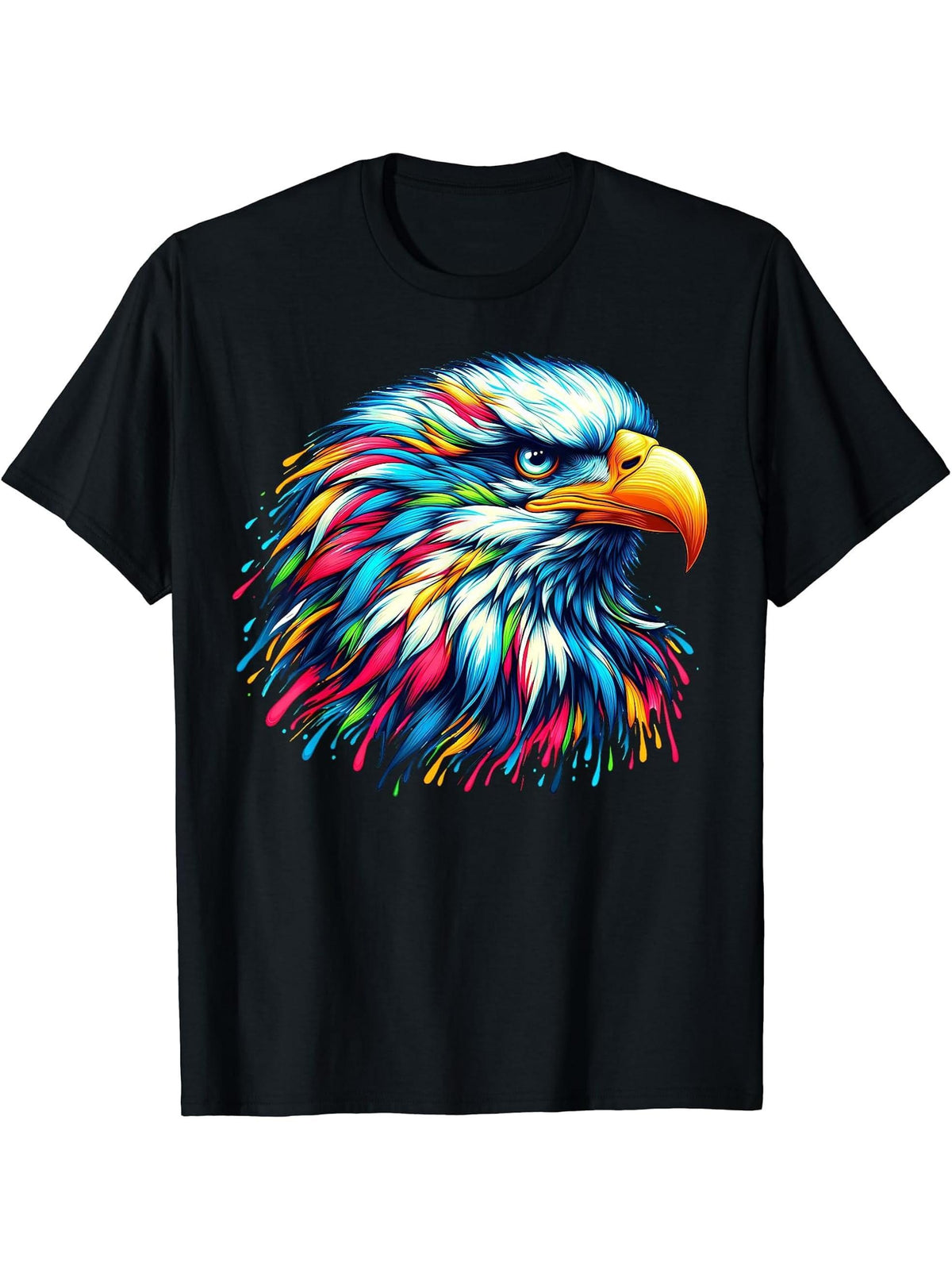 Cool Bald Eagle Spirit Animal Illustration Tie Dye Art T-Shirt 180G 100% Cotton Printed Round Neck Short-Sleeve T-Shirt, Gifts for Men Dad Husband Grandpa, S-XXXL, Black