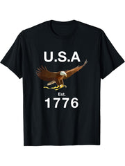 USA Established 1776 America Soaring Bald Eagle T-Shirt 180G 100% Cotton Printed Round Neck Short-Sleeve T-Shirt, Gifts for Men Dad Husband Grandpa, S-XXXL, Black