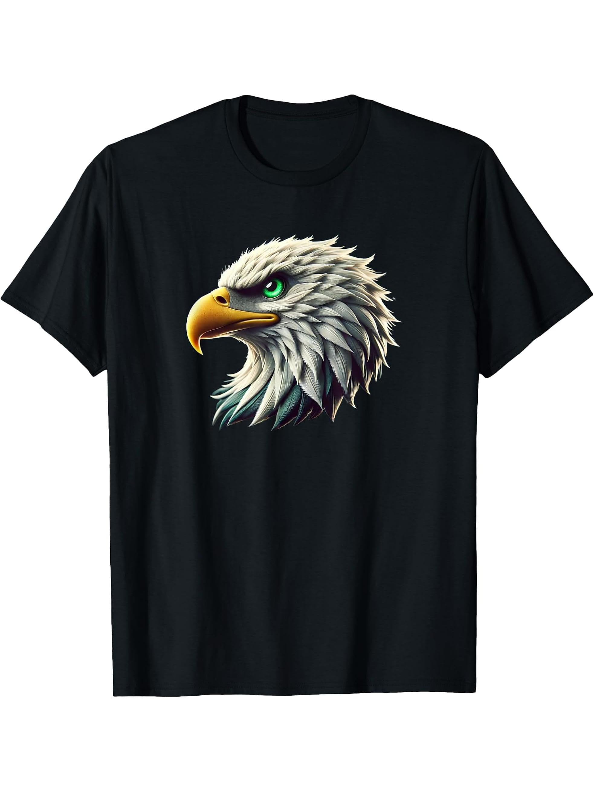 Green Eyed Bald Eagle T-Shirt 180G 100% Cotton Printed Round Neck Short-Sleeve T-Shirt, Gifts for Men Dad Husband Grandpa, S-XXXL, Black