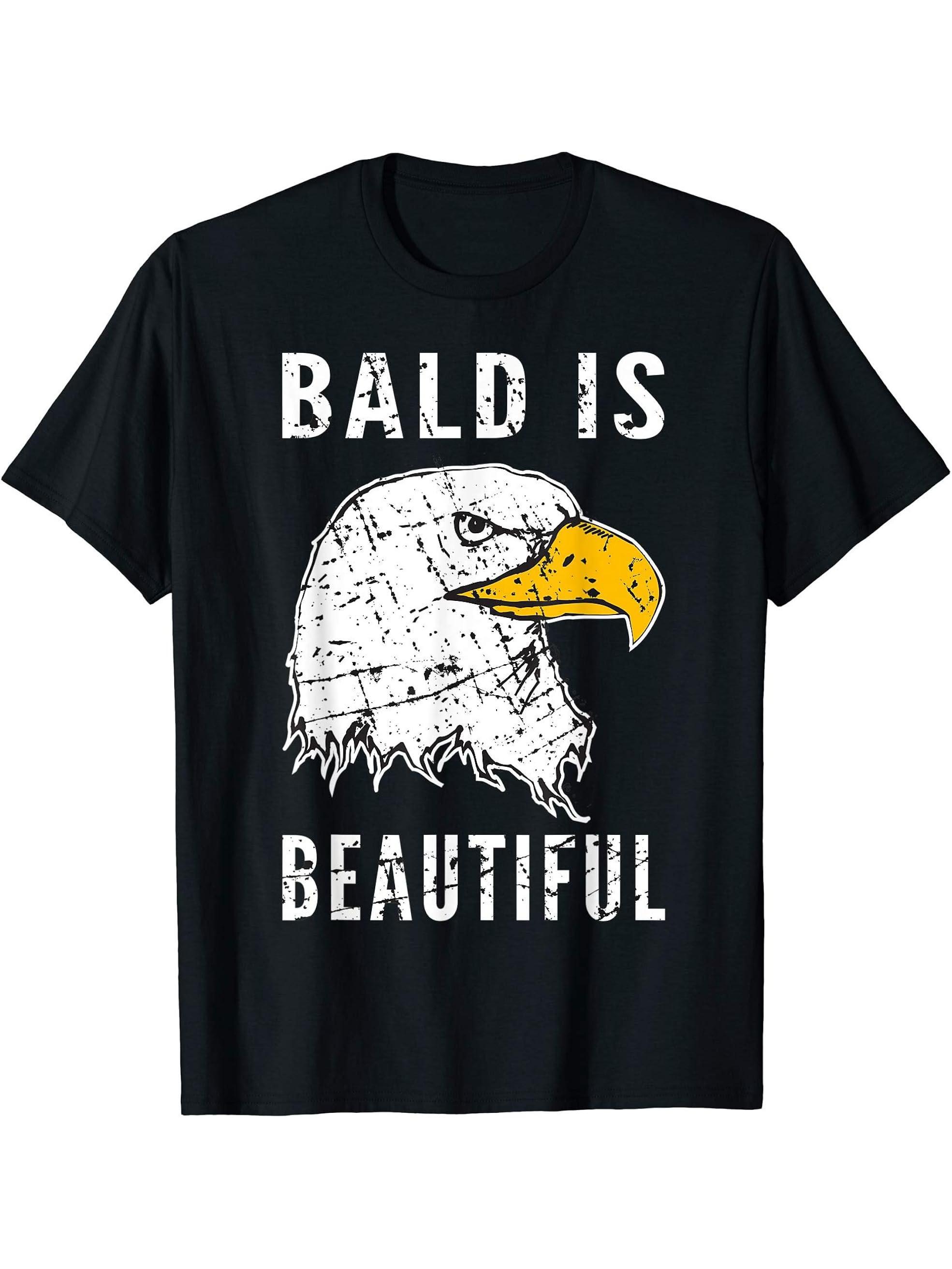 Bald Is Beautiful T-Shirt Patriotic Bald Eagle Shirt 180G 100% Cotton Printed Round Neck Short-Sleeve T-Shirt, Gifts for Men Dad Husband Grandpa, S-XXXL, Black