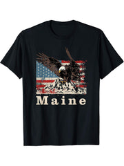 American Bald Eagle Flag Maine Souvenir T-Shirt 180G 100% Cotton Printed Round Neck Short-Sleeve T-Shirt, Gifts for Men Dad Husband Grandpa, S-XXXL, Black