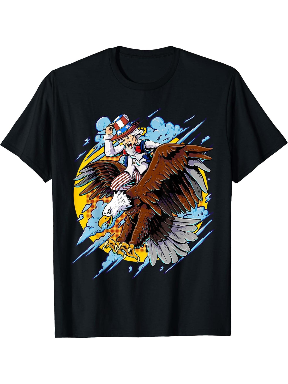 Uncle Sam Riding American Bald Eagle American Flag Design T-Shirt 180G 100% Cotton Printed Round Neck Short-Sleeve T-Shirt, Gifts for Men Dad Husband Grandpa, S-XXXL, Black
