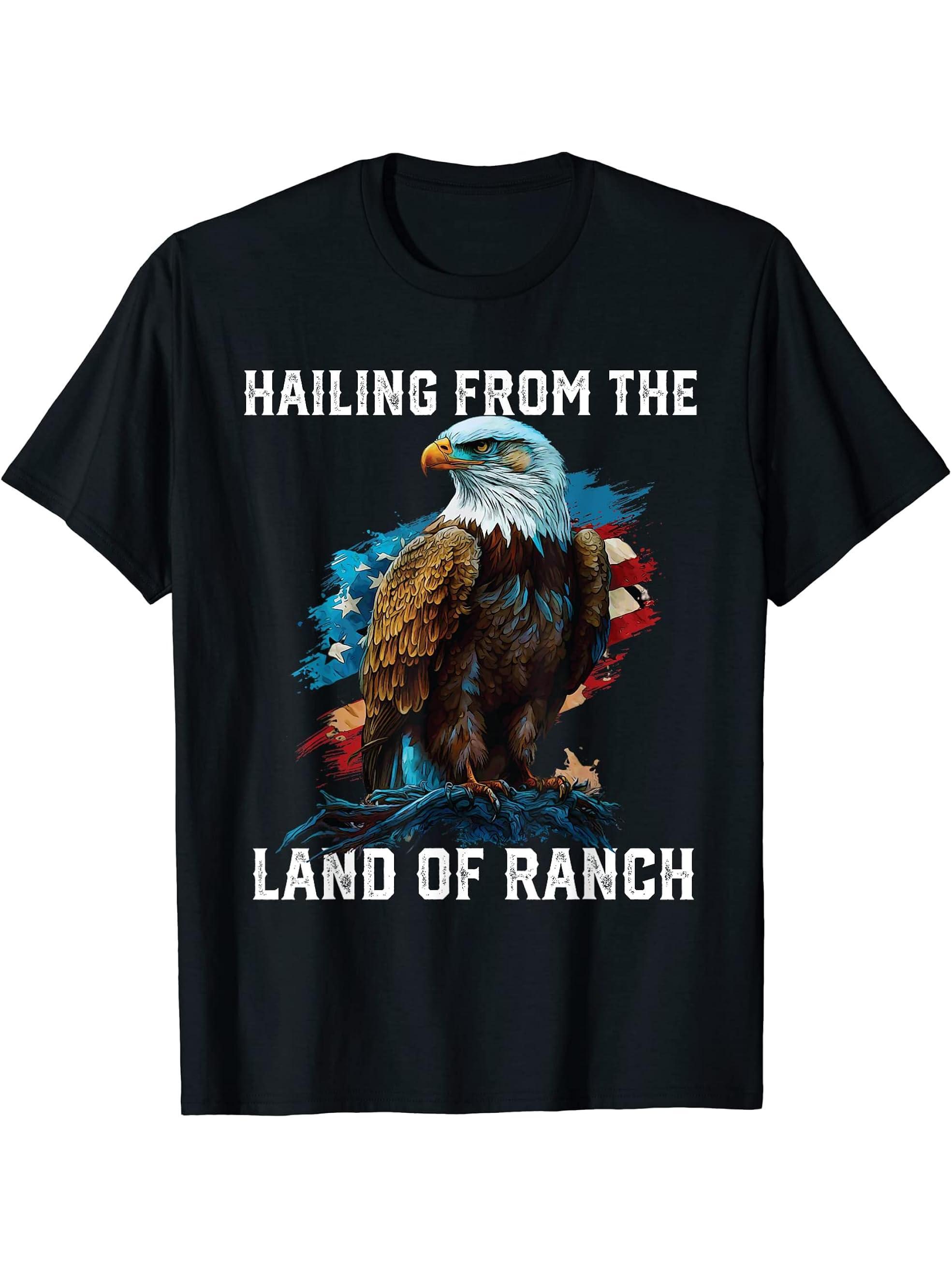Hailing From The Land Of Ranch American Bald Eagle USA Flag T-Shirt 180G 100% Cotton Printed Round Neck Short-Sleeve T-Shirt, Gifts for Men Dad Husband Grandpa, S-XXXL, Black