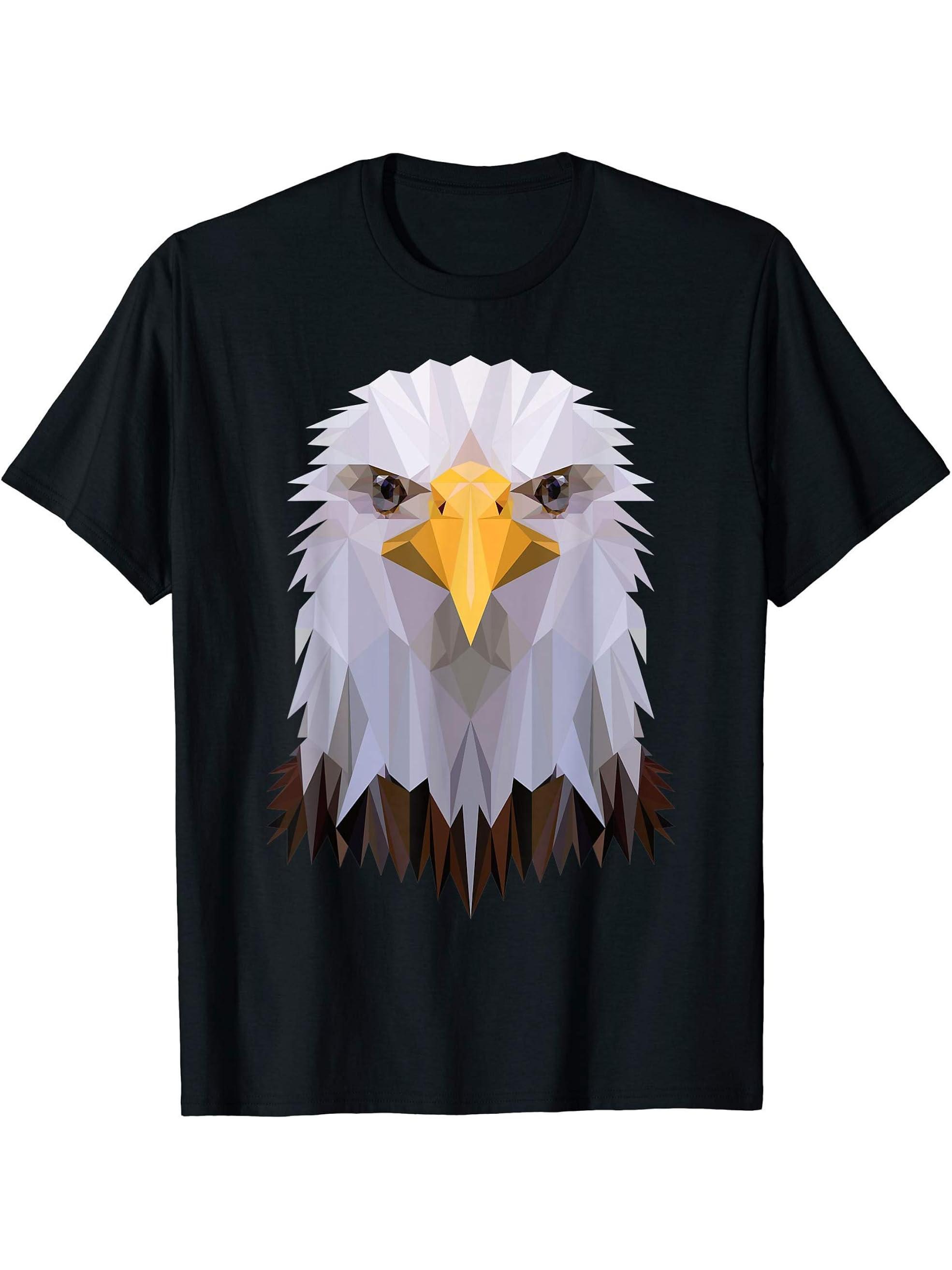 Stunning Bald Eagle Polygon Design T-Shirt 180G 100% Cotton Printed Round Neck Short-Sleeve T-Shirt, Gifts for Men Dad Husband Grandpa, S-XXXL, Black
