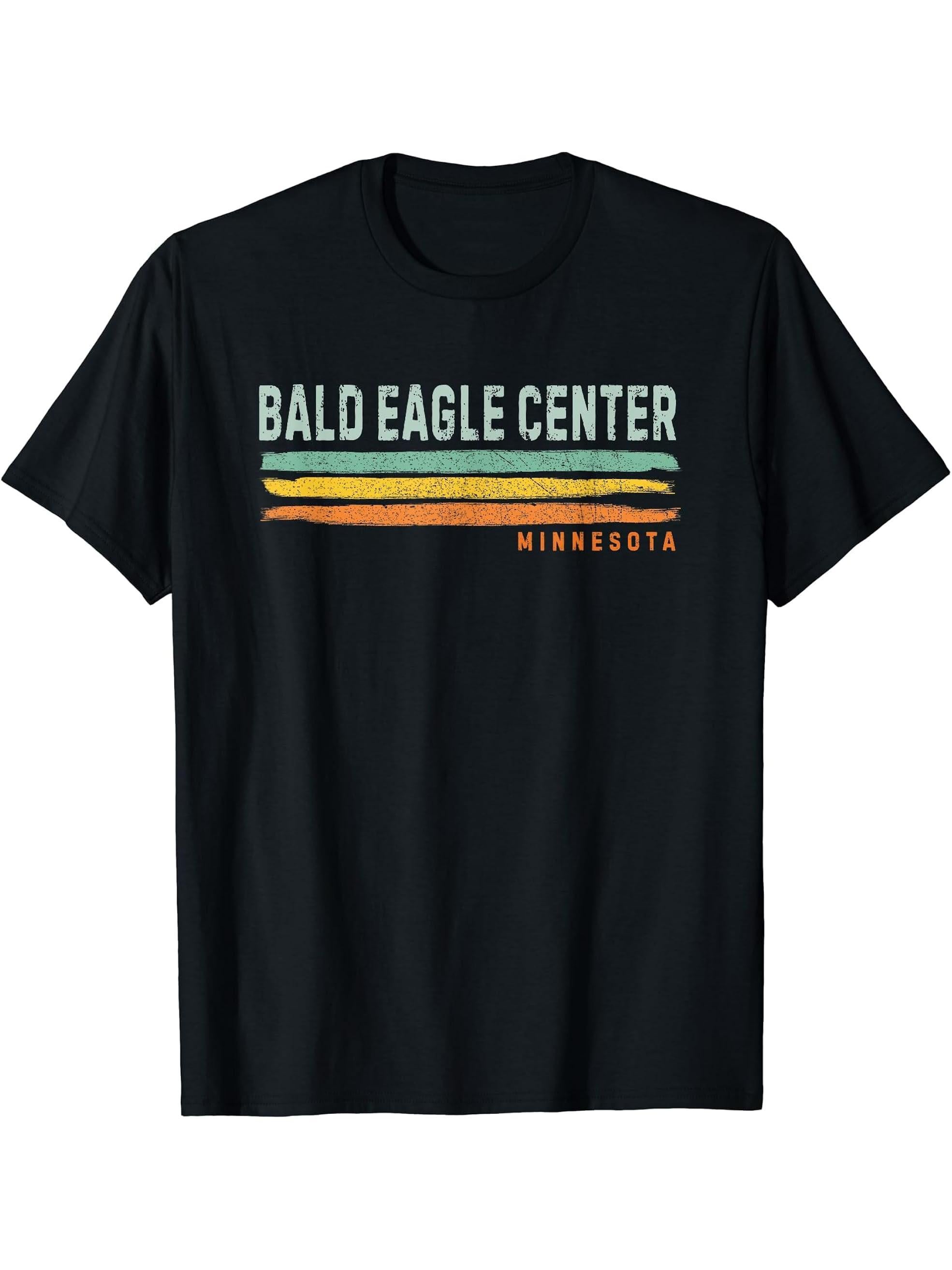 Vintage Stripes Bald Eagle Center MN T-Shirt 180G 100% Cotton Printed Round Neck Short-Sleeve T-Shirt, Gifts for Men Dad Husband Grandpa, S-XXXL, Black