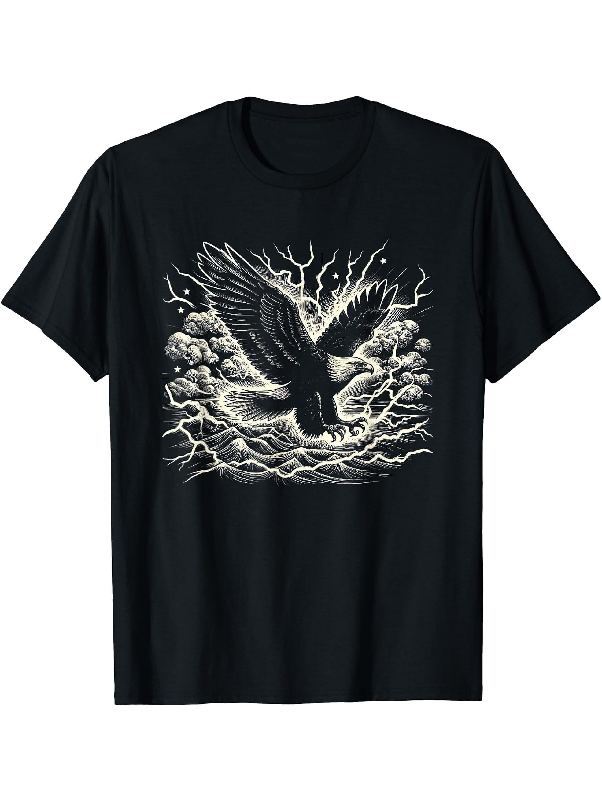 Flying Bald Eagle Scene Graphic Artwork Design T-Shirt 180G 100% Cotton Printed Round Neck Short-Sleeve T-Shirt, Gifts for Men Dad Husband Grandpa, S-XXXL, Black