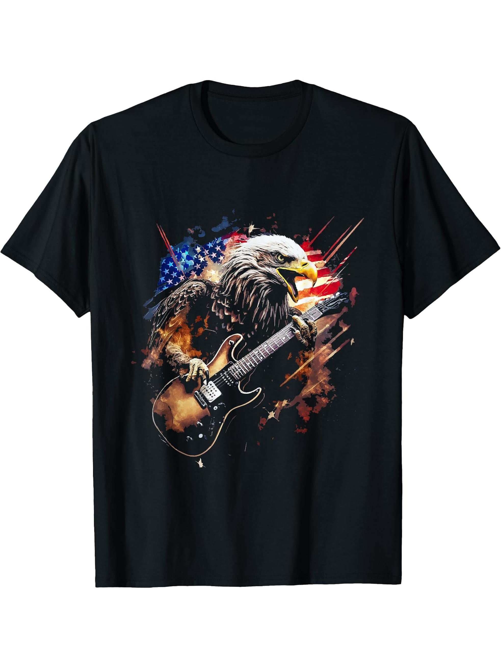 Bald Eagle Playing Guitar T-Shirt 180G 100% Cotton Printed Round Neck Short-Sleeve T-Shirt, Gifts for Men Dad Husband Grandpa, S-XXXL, Black
