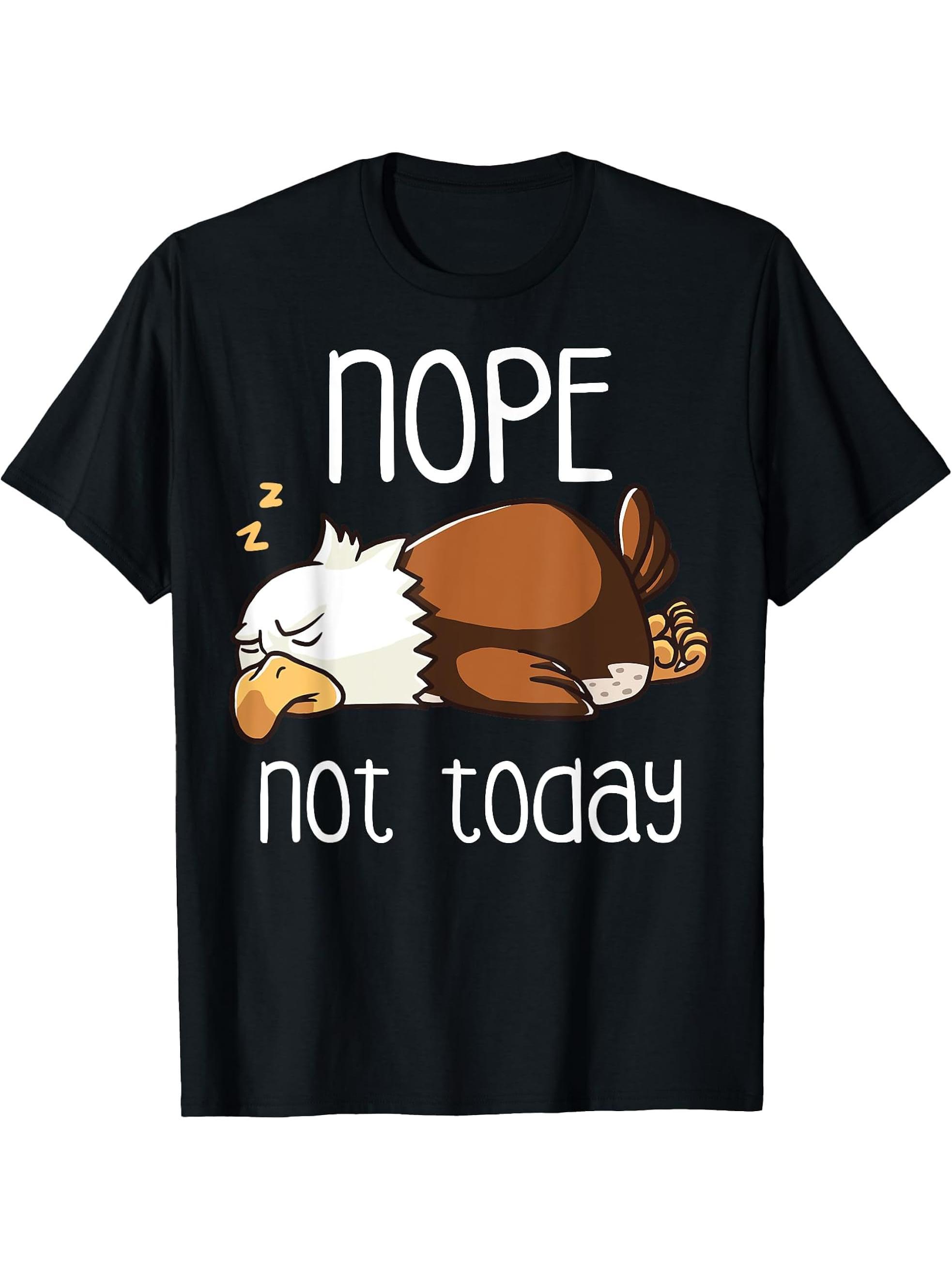 Nope Not Today Sleeping American Bald Eagle Nap Early Bird T-Shirt 180G 100% Cotton Printed Round Neck Short-Sleeve T-Shirt, Gifts for Men Dad Husband Grandpa, S-XXXL, Black