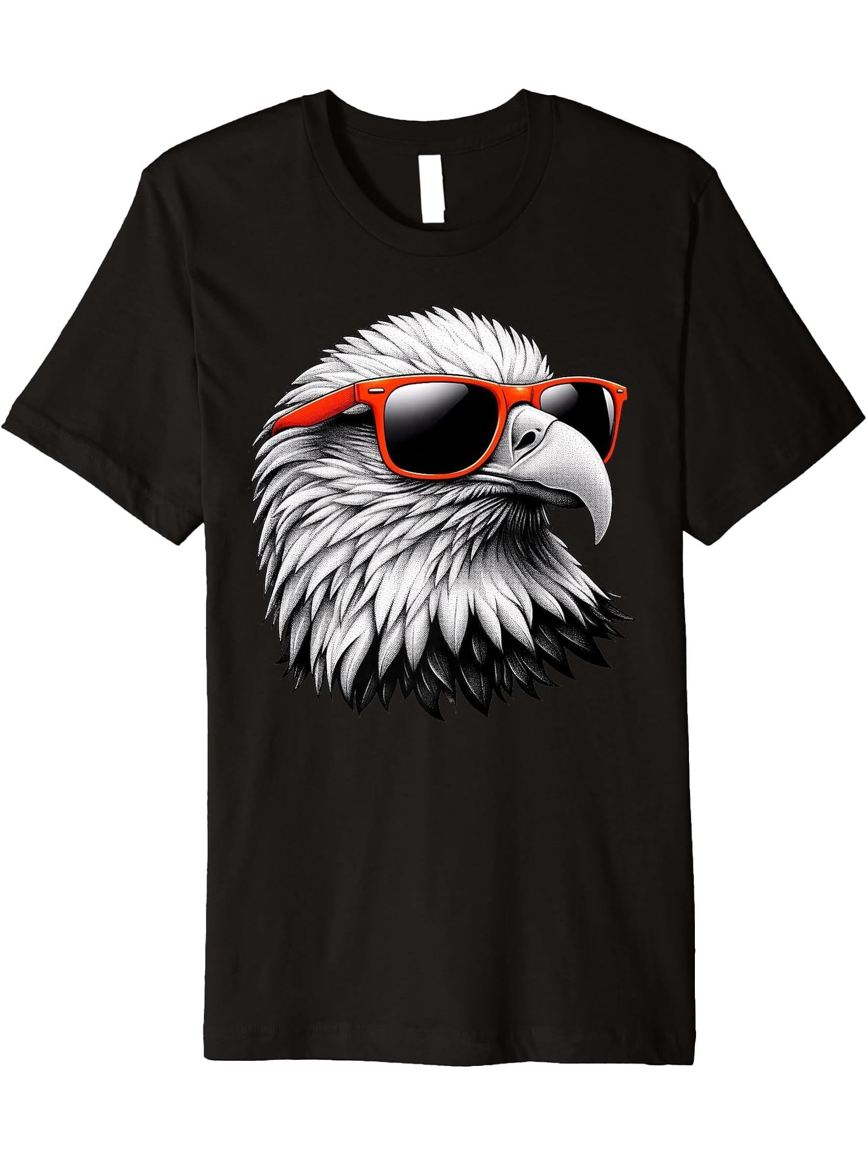 Cool Bald Eagle Bird Wearing Sunglasses Graphic Art Premium T-Shirt 180G 100% Cotton Printed Round Neck Short-Sleeve T-Shirt, Gifts for Men Dad Husband Grandpa, S-XXXL, Black