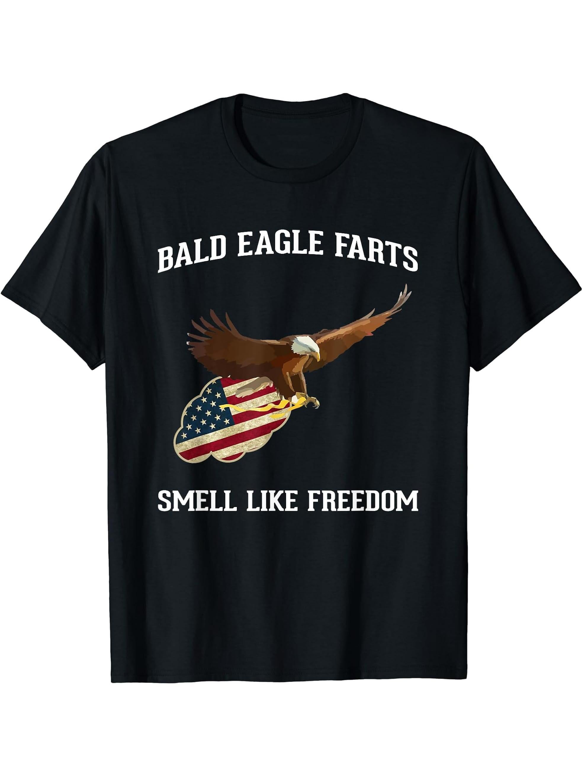 Bald Eagle Farts Smell Like Freedom T-Shirt 4th of July 180G 100% Cotton Printed Round Neck Short-Sleeve T-Shirt, Gifts for Men Dad Husband Grandpa, S-XXXL, Black