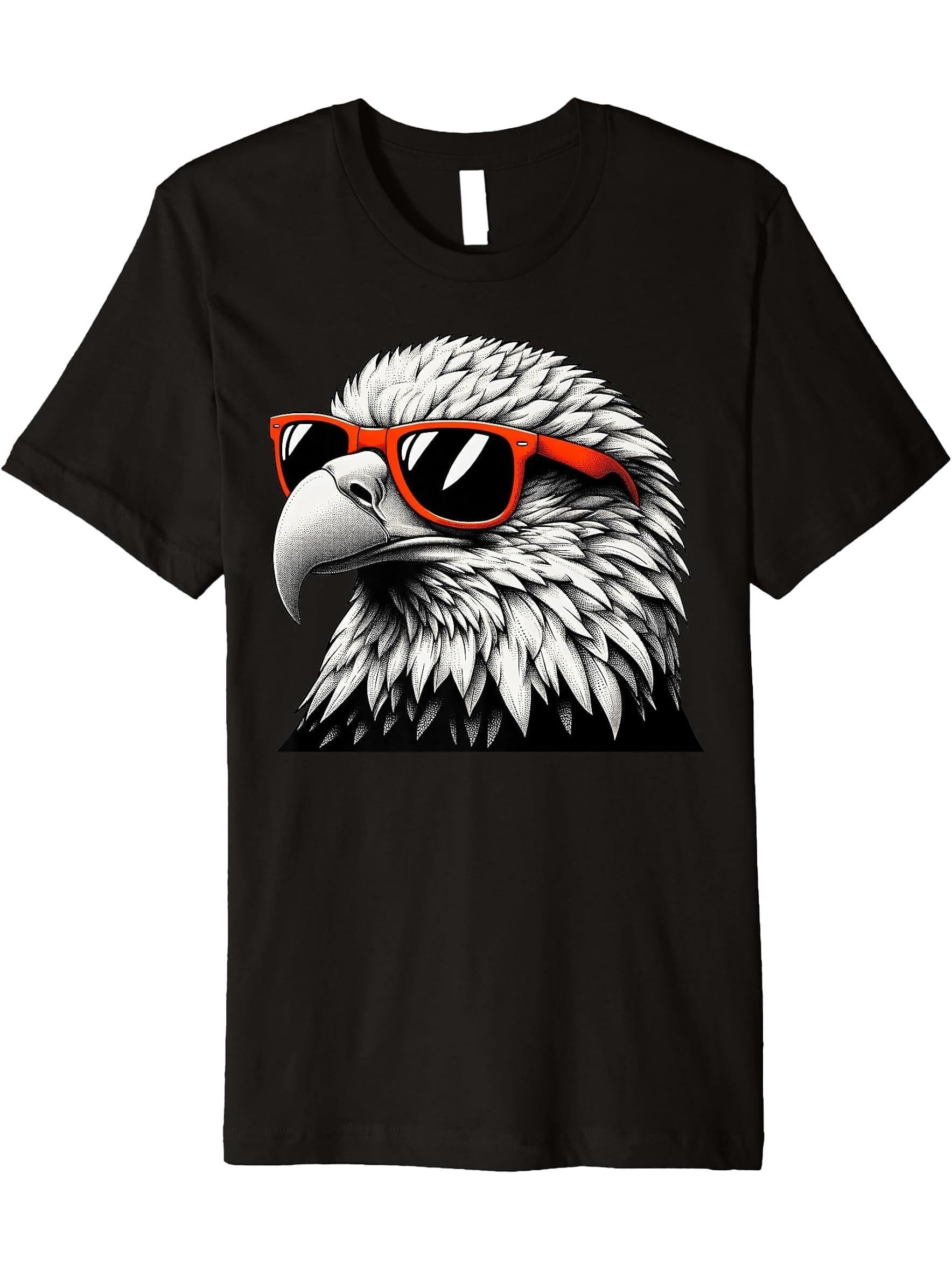Cool Bald Eagle Bird Wearing Sunglasses Graphic Art Premium T-Shirt 180G 100% Cotton Printed Round Neck Short-Sleeve T-Shirt, Gifts for Men Dad Husband Grandpa, S-XXXL, Black