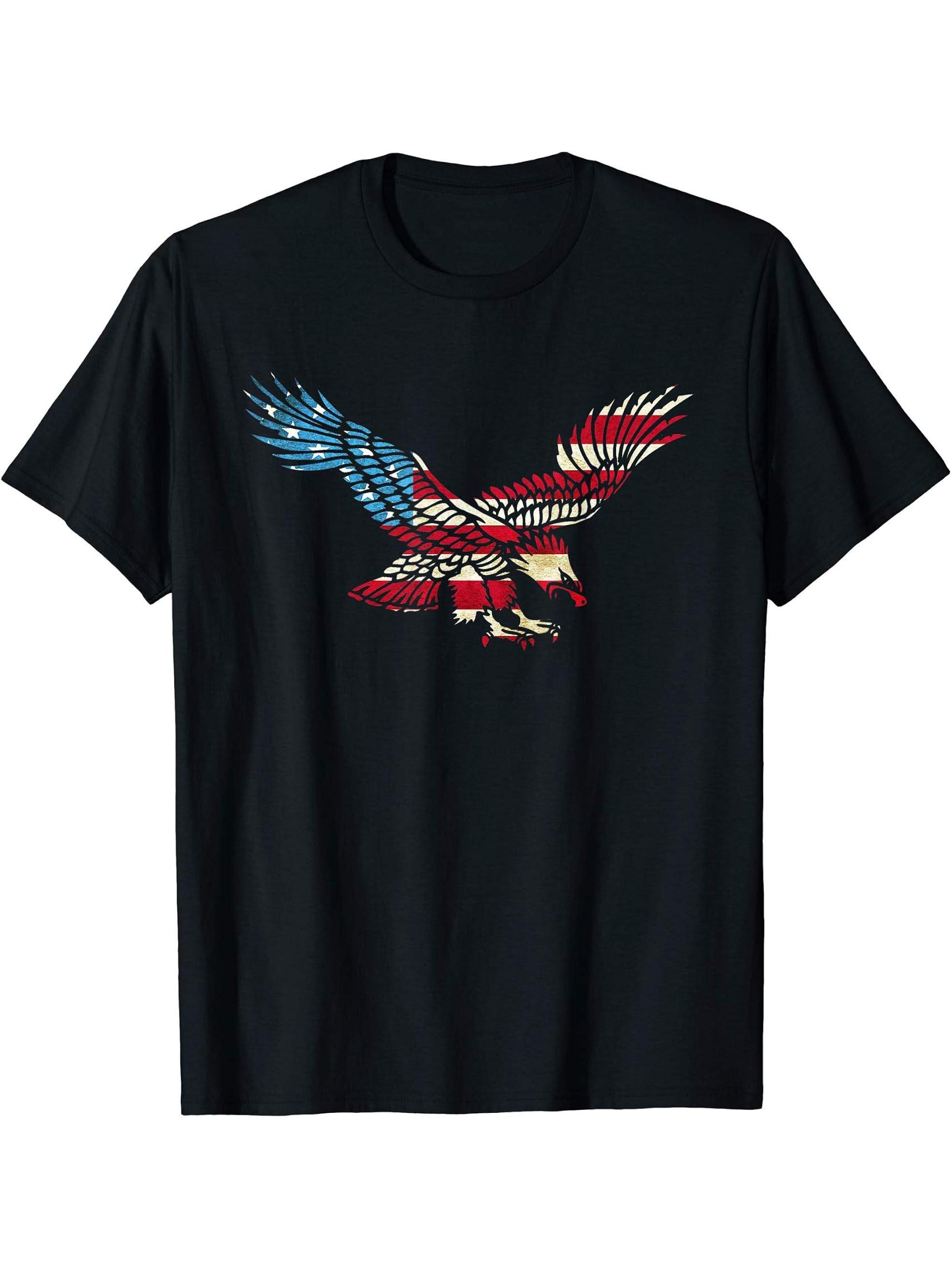 Patriotic US American Flag Bald Eagle Silhouette Gift T-Shirt 180G 100% Cotton Printed Round Neck Short-Sleeve T-Shirt, Gifts for Men Dad Husband Grandpa, S-XXXL, Black