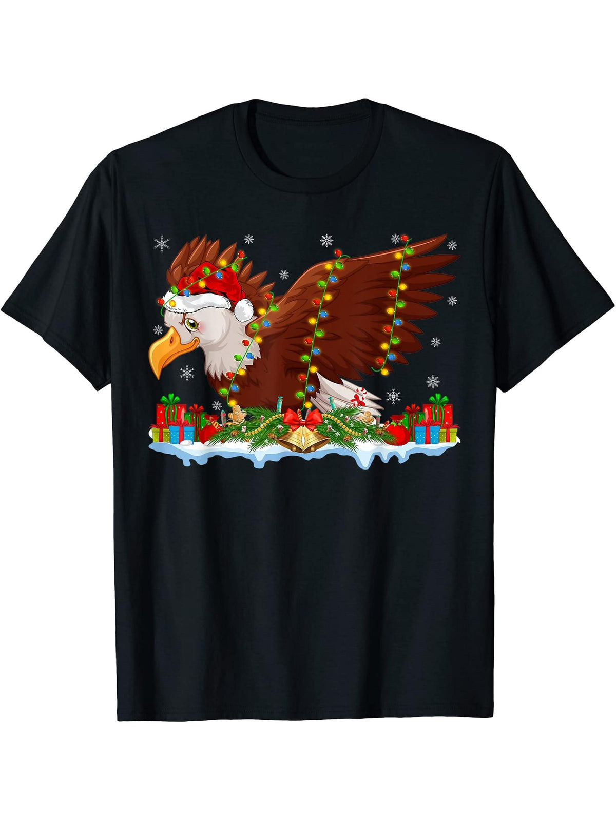 Bald Eagle Lover Family Matching Santa Bald Eagle Christmas T-Shirt 180G 100% Cotton Printed Round Neck Short-Sleeve T-Shirt, Gifts for Men Dad Husband Grandpa, S-XXXL, Black