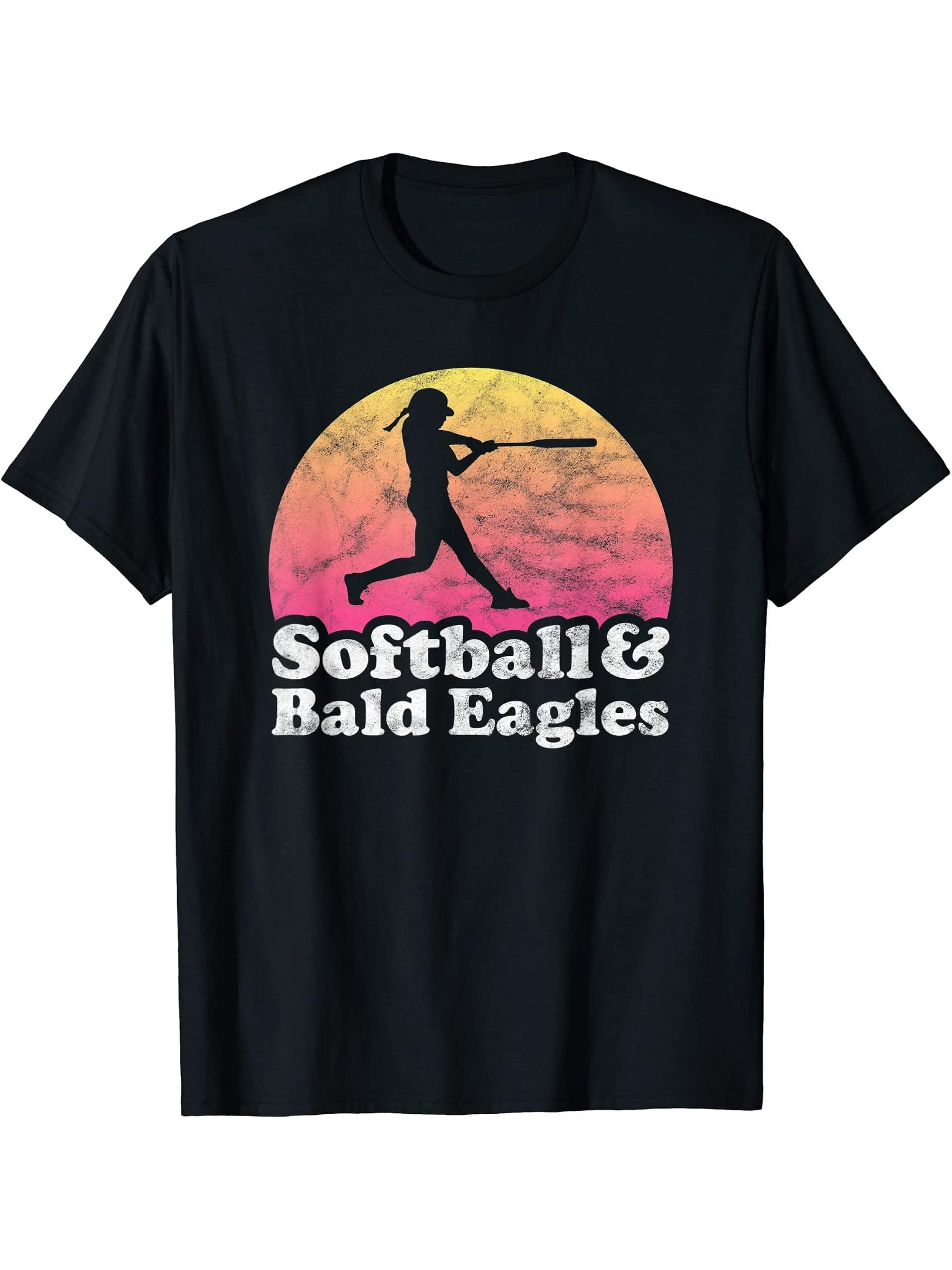 Softball and Bald Eagles Women or Girls Bald Eagle T-Shirt 180G 100% Cotton Printed Round Neck Short-Sleeve T-Shirt, Gifts for Men Dad Husband Grandpa, S-XXXL, Black