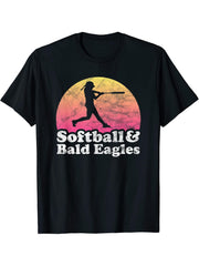 Softball and Bald Eagles Women or Girls Bald Eagle T-Shirt 180G 100% Cotton Printed Round Neck Short-Sleeve T-Shirt, Gifts for Men Dad Husband Grandpa, S-XXXL, Black