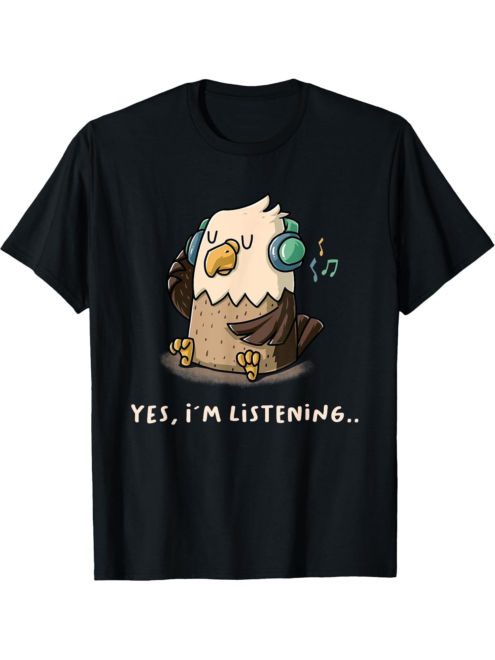 Yes I'm Listening Nerd American Bald Eagle Introvert Geek T-Shirt 180G 100% Cotton Printed Round Neck Short-Sleeve T-Shirt, Gifts for Men Dad Husband Grandpa, S-XXXL, Black