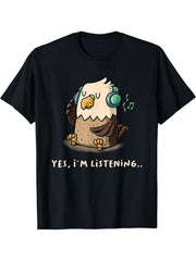 Yes I'm Listening Nerd American Bald Eagle Introvert Geek T-Shirt 180G 100% Cotton Printed Round Neck Short-Sleeve T-Shirt, Gifts for Men Dad Husband Grandpa, S-XXXL, Black