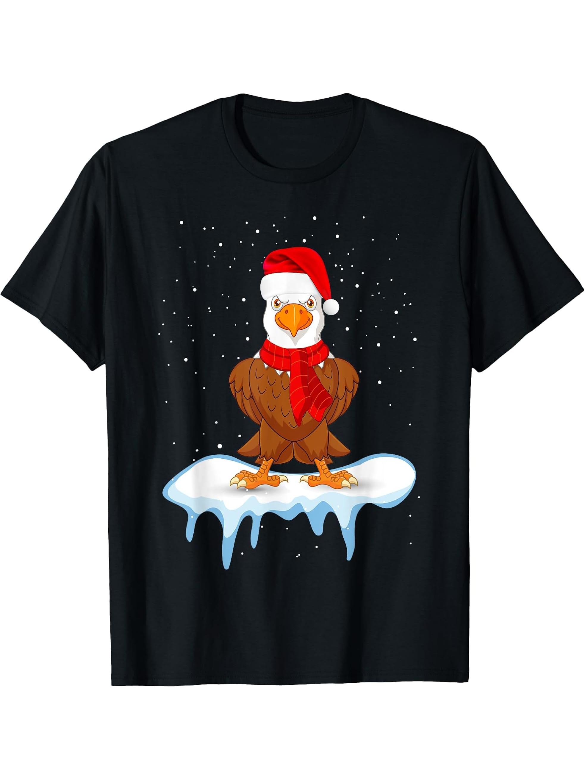 Funny Bald eagle Christmas Santa Hat Snow Design, Bald eagle T-Shirt 180G 100% Cotton Printed Round Neck Short-Sleeve T-Shirt, Gifts for Men Dad Husband Grandpa, S-XXXL, Black