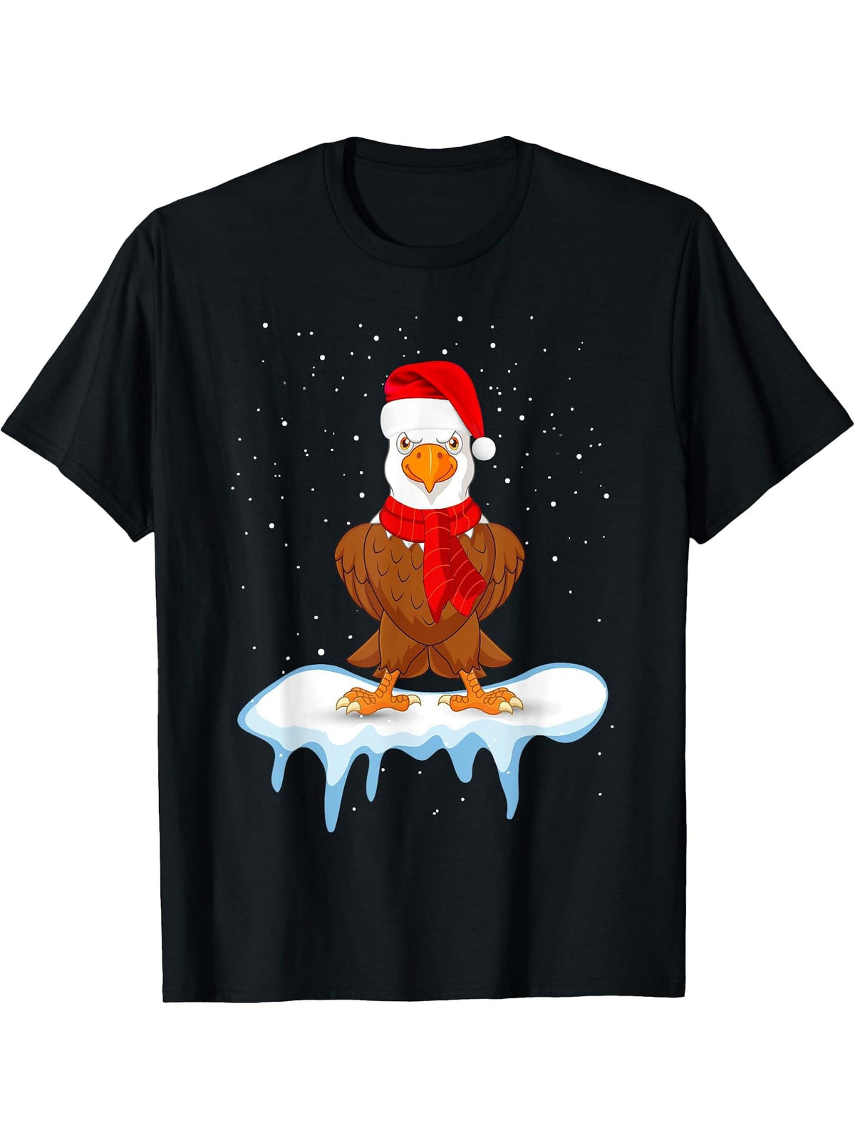 Funny Bald eagle Christmas Santa Hat Snow Design, Bald eagle T-Shirt 180G 100% Cotton Printed Round Neck Short-Sleeve T-Shirt, Gifts for Men Dad Husband Grandpa, S-XXXL, Black