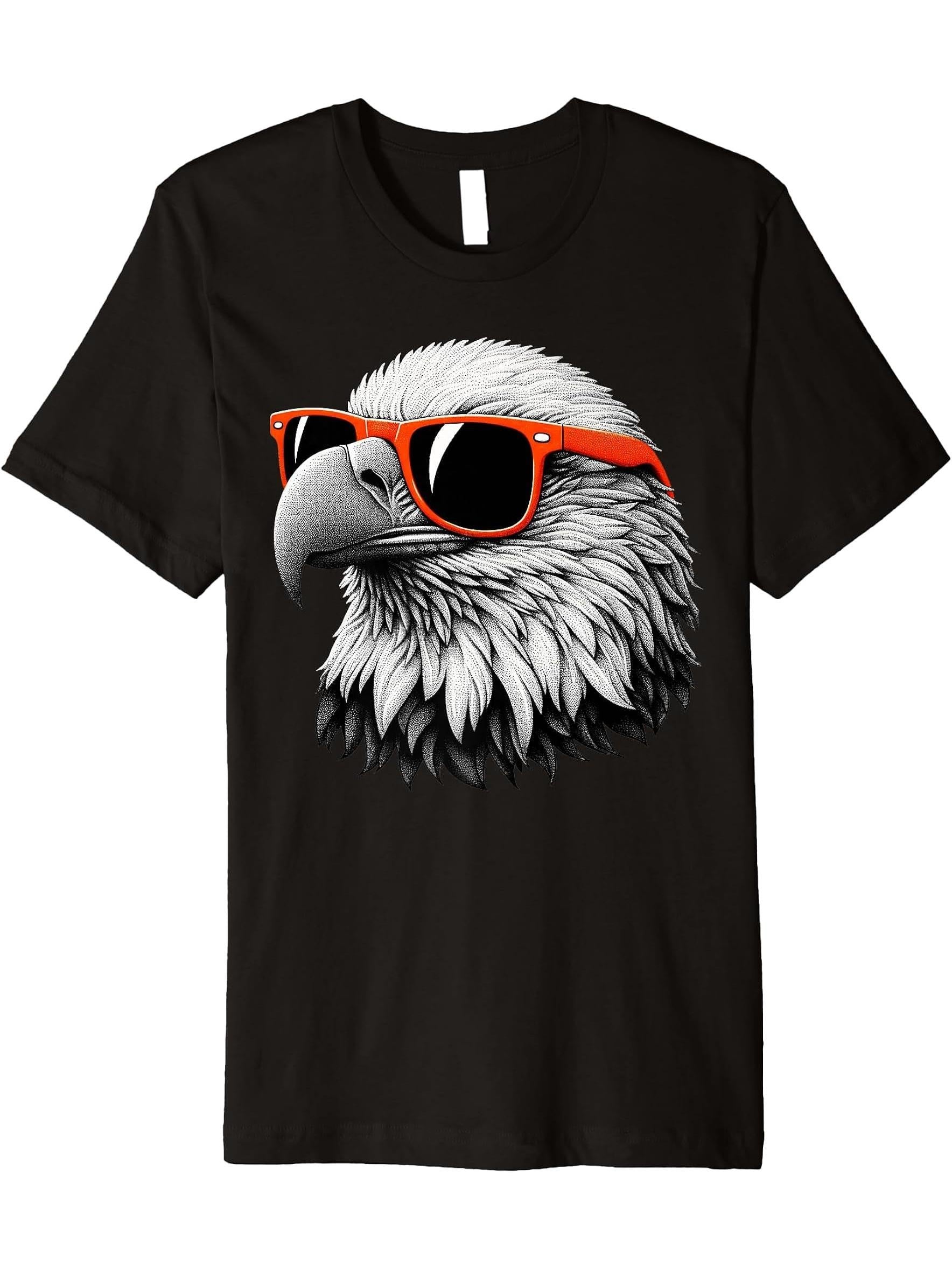 Cool Bald Eagle Bird Wearing Sunglasses Graphic Art Premium T-Shirt 180G 100% Cotton Printed Round Neck Short-Sleeve T-Shirt, Gifts for Men Dad Husband Grandpa, S-XXXL, Black