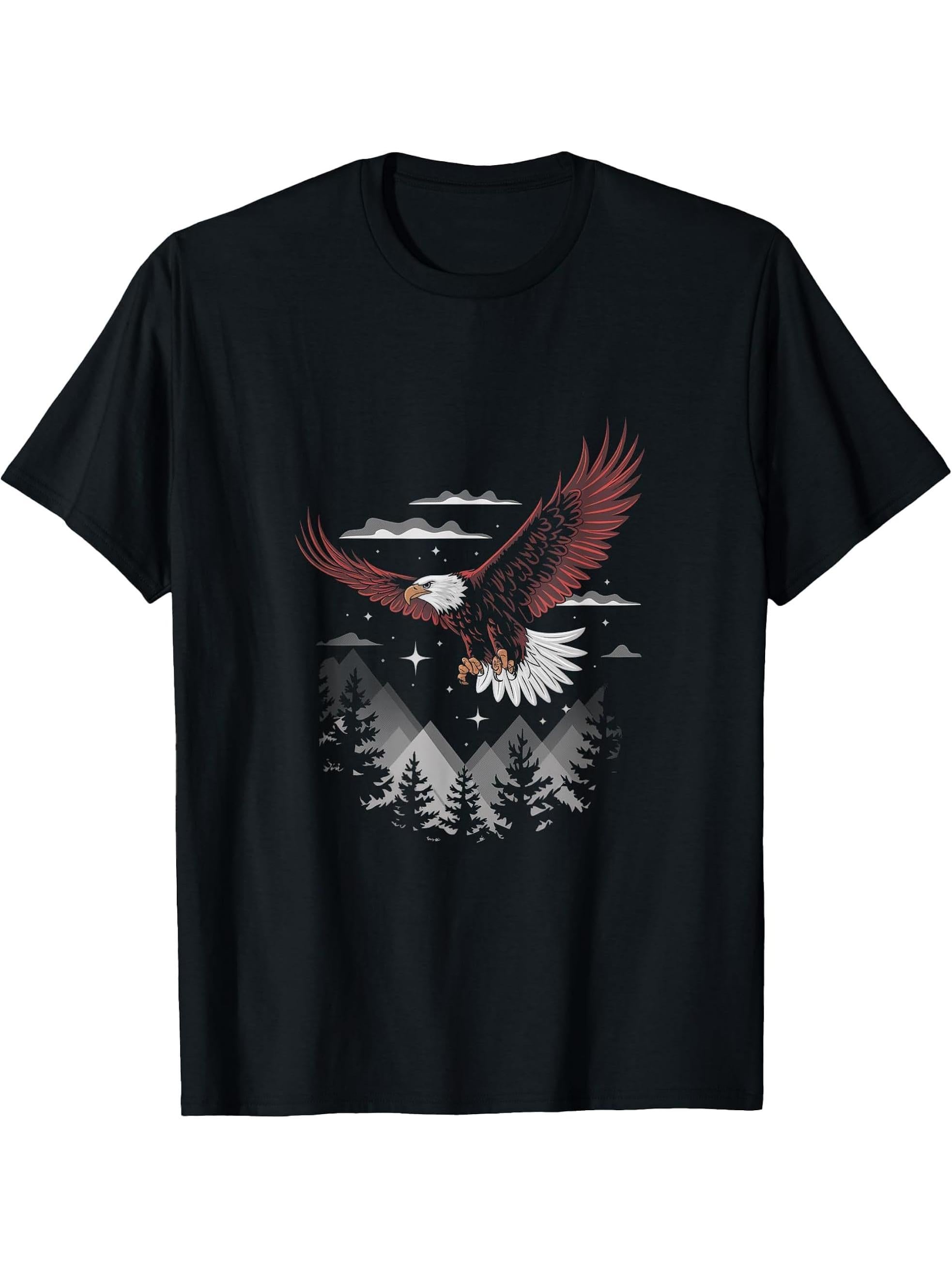 Bald Eagle Artwork T-Shirt 180G 100% Cotton Printed Round Neck Short-Sleeve T-Shirt, Gifts for Men Dad Husband Grandpa, S-XXXL, Black