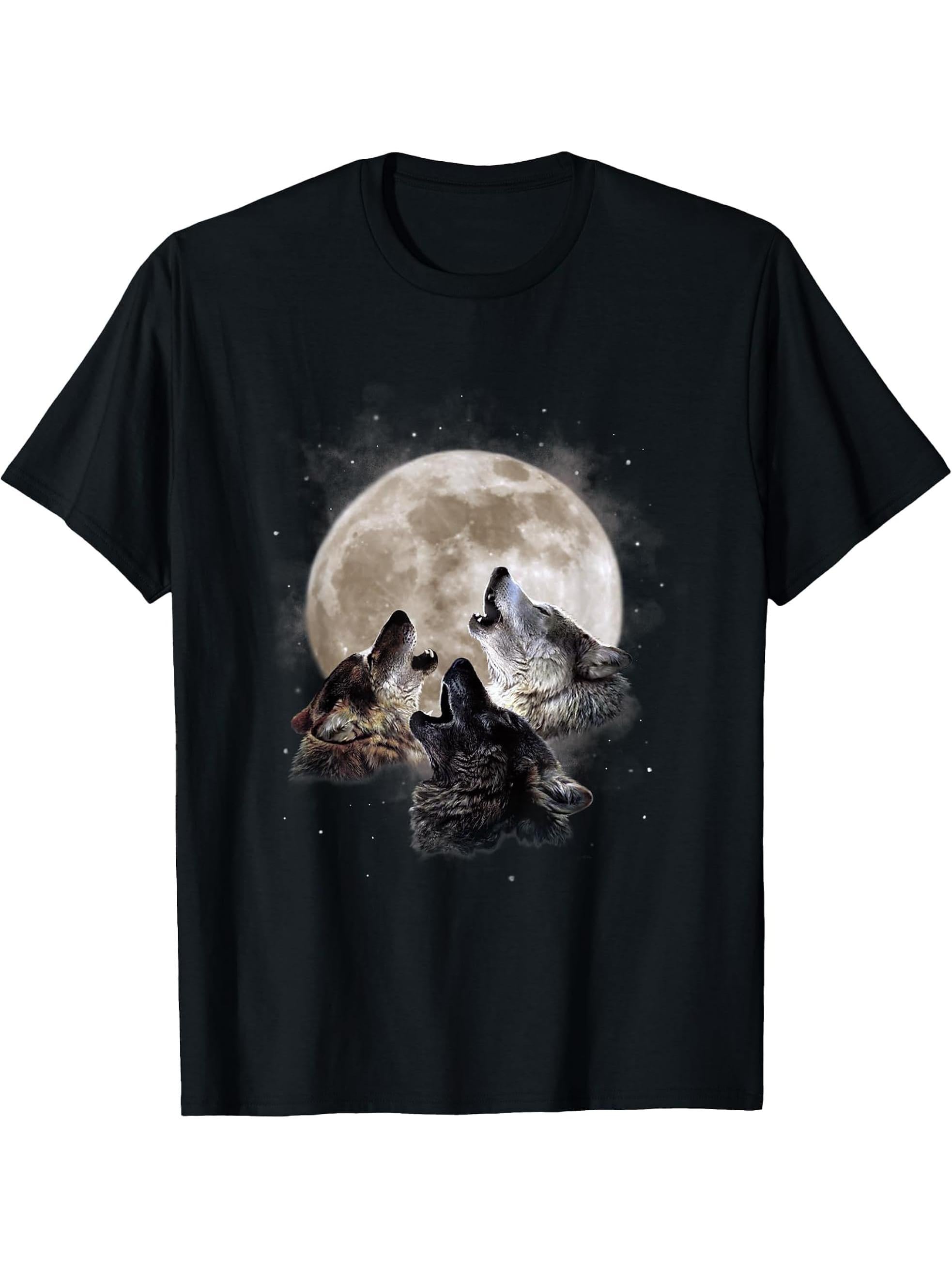Three Wolves Howling at the Moon - Wolf Lover T-Shirt 180G 100% Cotton Printed Round Neck Short-Sleeve T-Shirt, Gifts for Men Dad Husband Grandpa, S-XXXL, Black