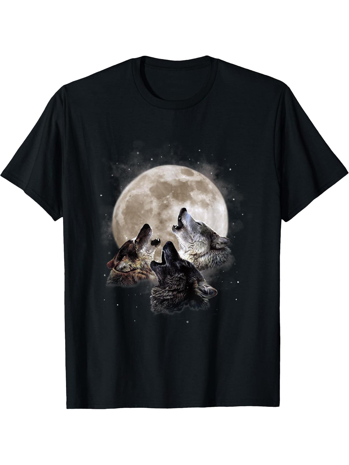 Three Wolves Howling at the Moon - Wolf Lover T-Shirt 180G 100% Cotton Printed Round Neck Short-Sleeve T-Shirt, Gifts for Men Dad Husband Grandpa, S-XXXL, Black