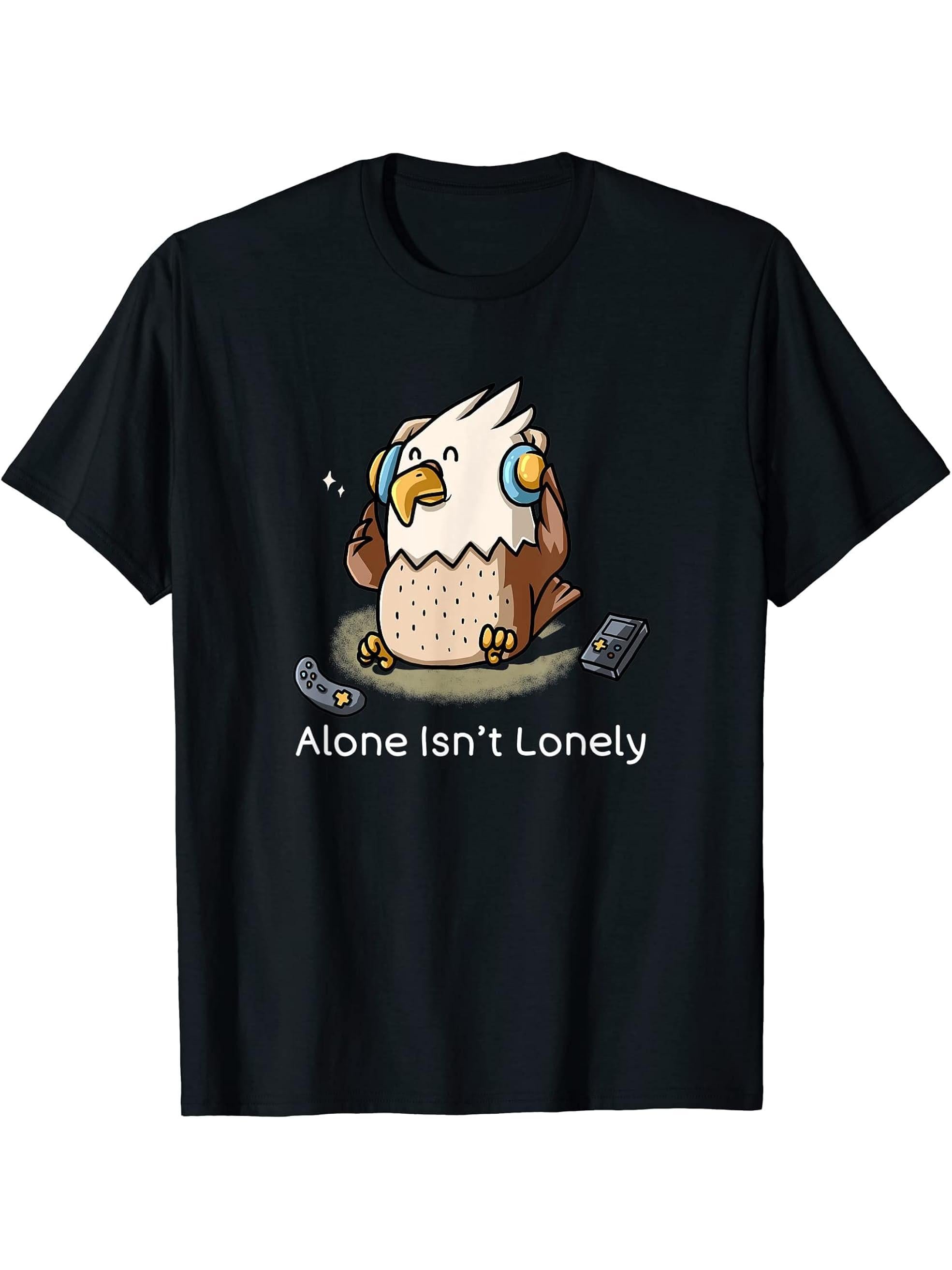 Alone Isn't Lonely Nerd American Bald Eagle Introvert Geek T-Shirt 180G 100% Cotton Printed Round Neck Short-Sleeve T-Shirt, Gifts for Men Dad Husband Grandpa, S-XXXL, Black