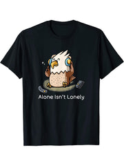 Alone Isn't Lonely Nerd American Bald Eagle Introvert Geek T-Shirt 180G 100% Cotton Printed Round Neck Short-Sleeve T-Shirt, Gifts for Men Dad Husband Grandpa, S-XXXL, Black