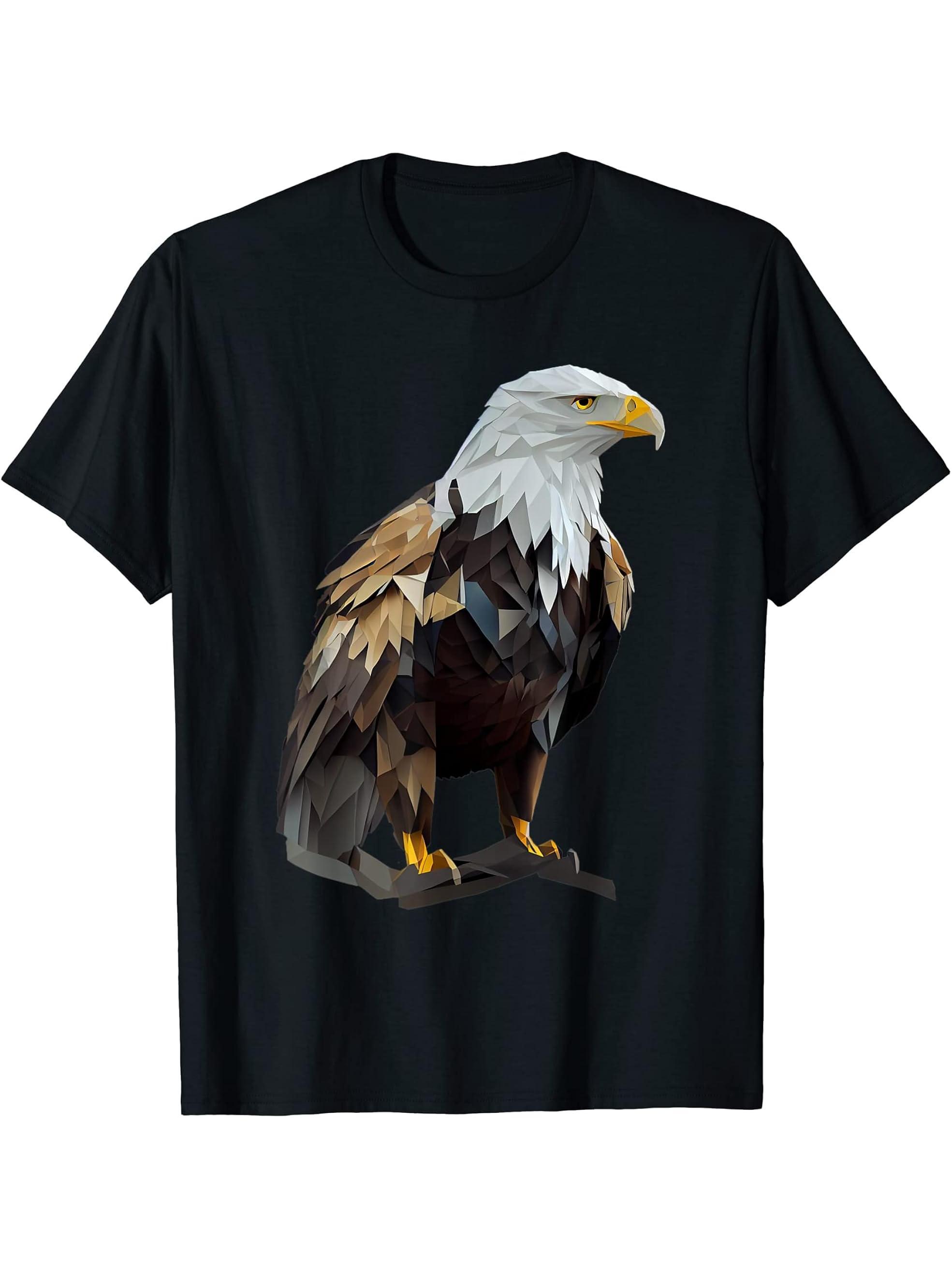 Bald Eagles Cool Polygon Design with a Bald Eagle T-Shirt 180G 100% Cotton Printed Round Neck Short-Sleeve T-Shirt, Gifts for Men Dad Husband Grandpa, S-XXXL, Black