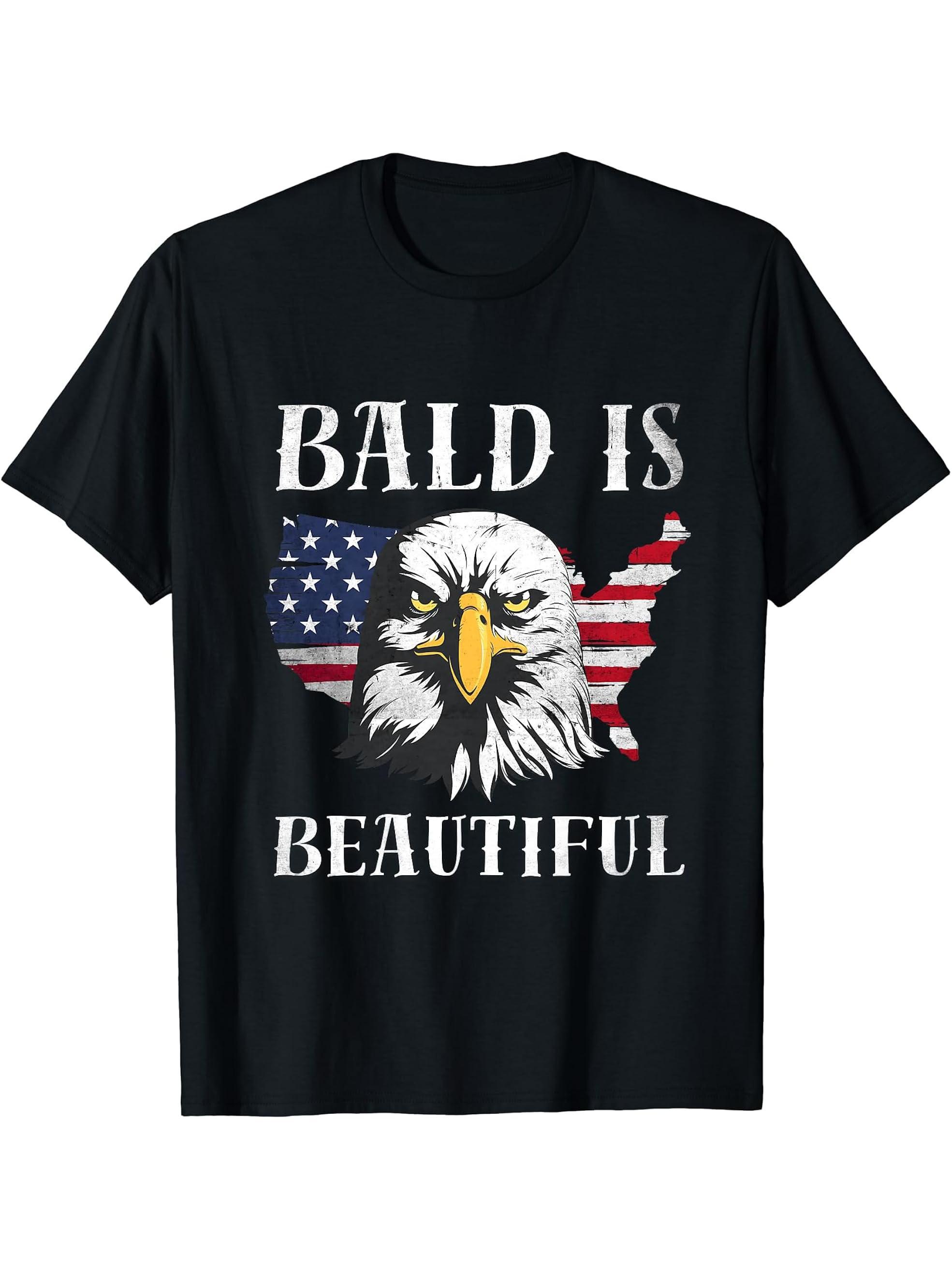 Bald Is Beautiful Independence Day with a Bald Eagle Tee T-Shirt 180G 100% Cotton Printed Round Neck Short-Sleeve T-Shirt, Gifts for Men Dad Husband Grandpa, S-XXXL, Black