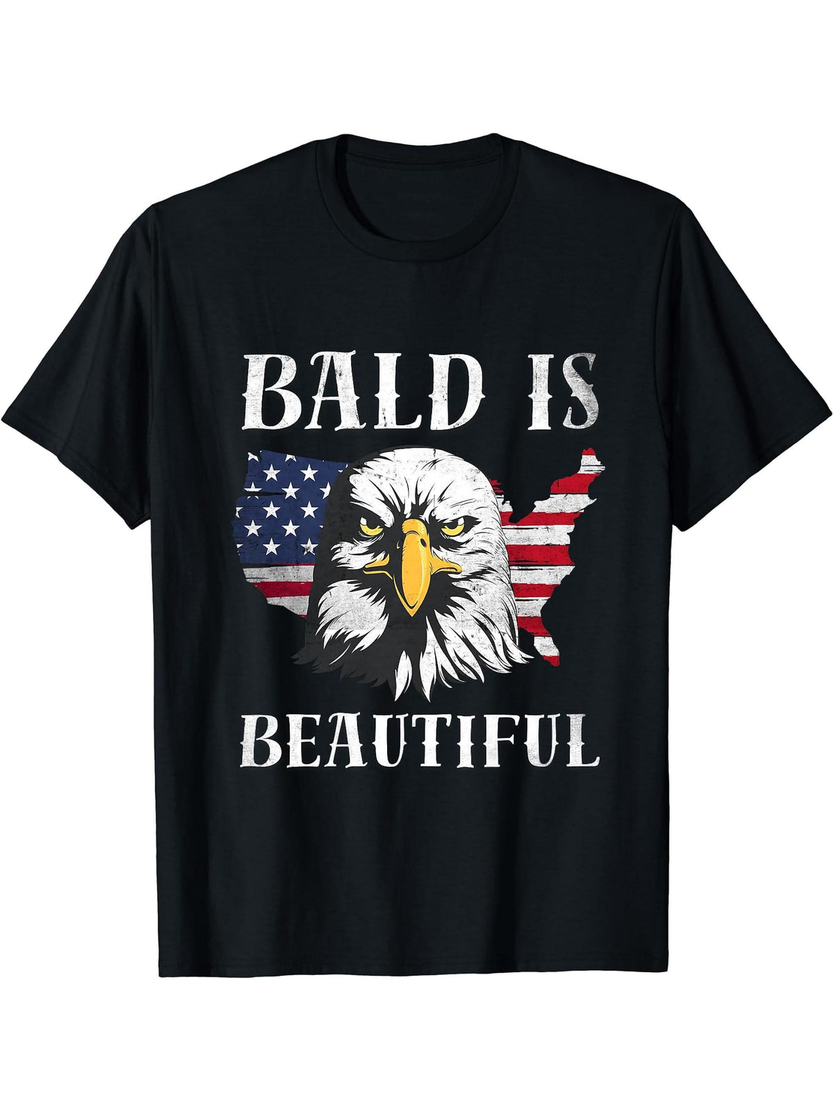 Bald Is Beautiful Independence Day with a Bald Eagle Tee T-Shirt 180G 100% Cotton Printed Round Neck Short-Sleeve T-Shirt, Gifts for Men Dad Husband Grandpa, S-XXXL, Black