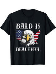 Bald Is Beautiful Independence Day with a Bald Eagle Tee T-Shirt 180G 100% Cotton Printed Round Neck Short-Sleeve T-Shirt, Gifts for Men Dad Husband Grandpa, S-XXXL, Black