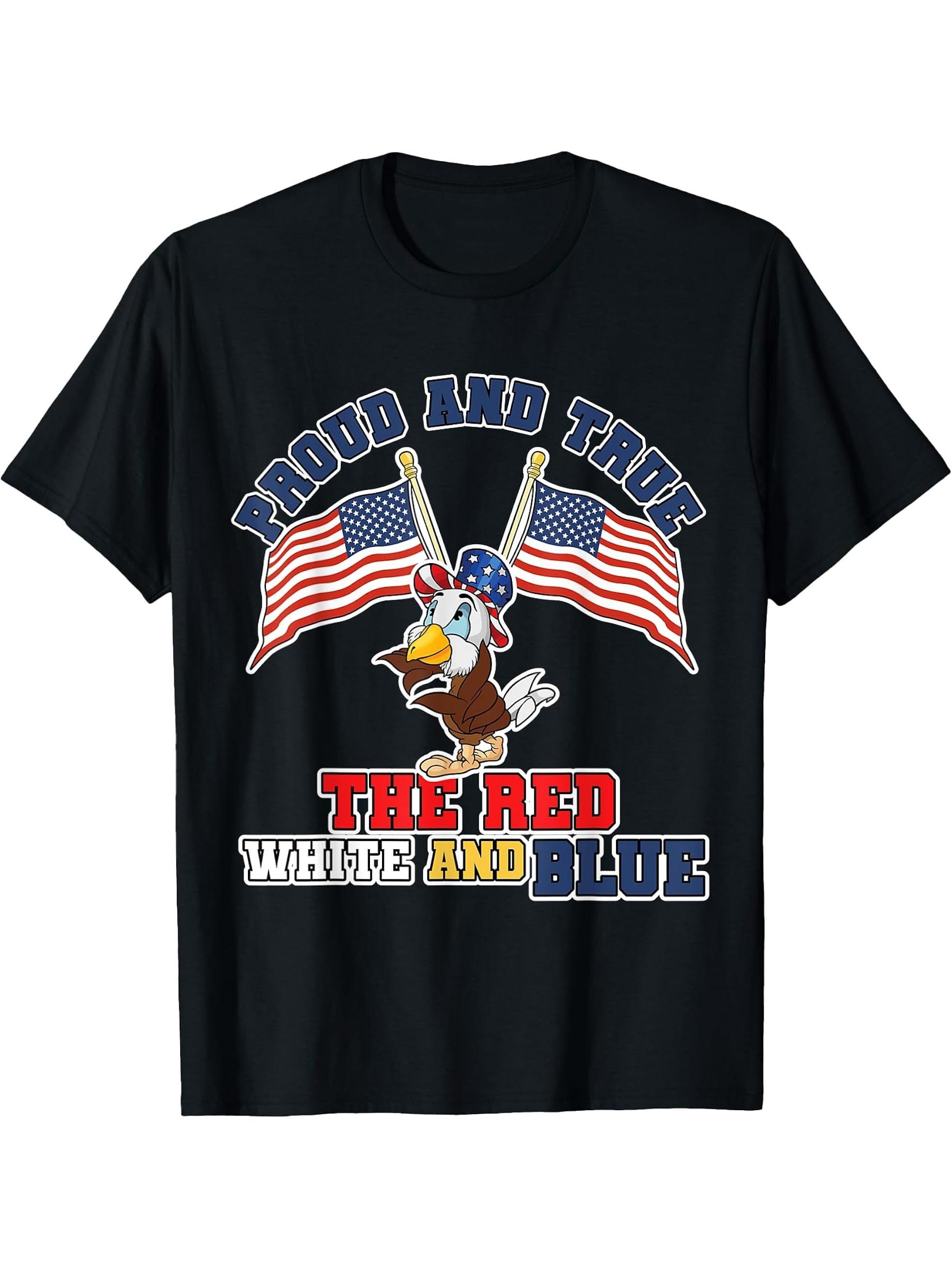 Proud true American bald eagle stripes and stars liberty T-Shirt 180G 100% Cotton Printed Round Neck Short-Sleeve T-Shirt, Gifts for Men Dad Husband Grandpa, S-XXXL, Black