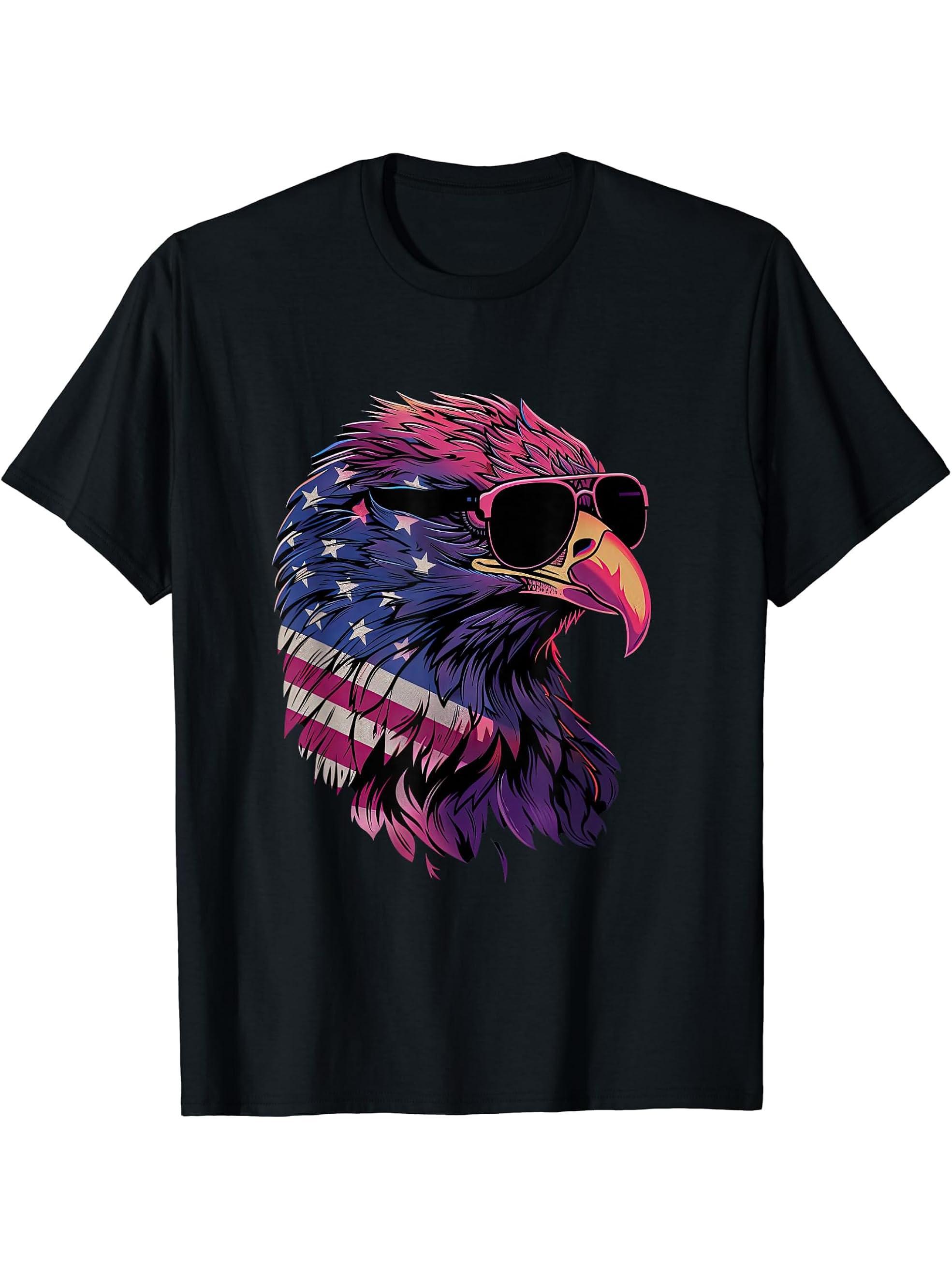 American Bald Eagle, American Flag, Cool T-Shirt 180G 100% Cotton Printed Round Neck Short-Sleeve T-Shirt, Gifts for Men Dad Husband Grandpa, S-XXXL, Black